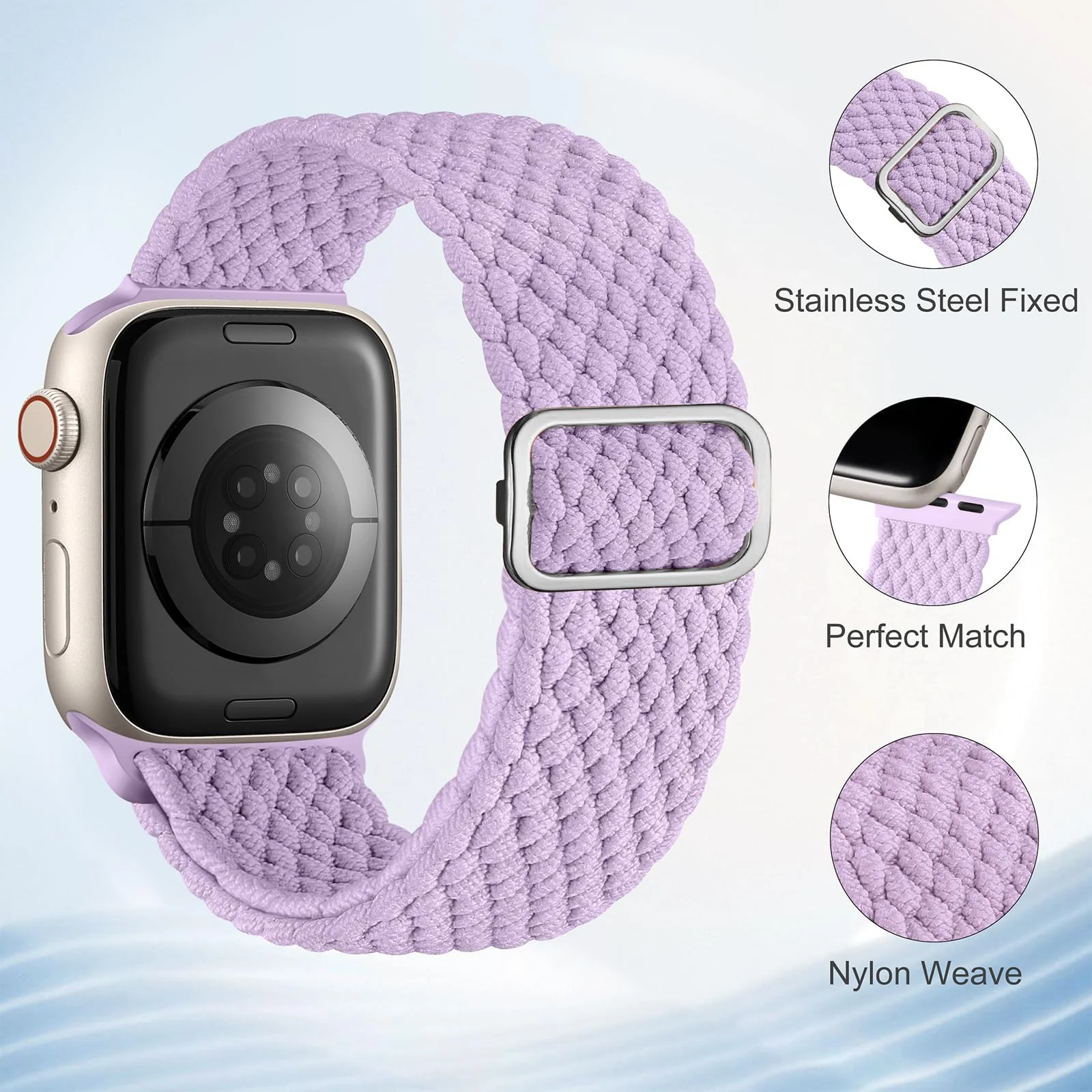 DL3 Mobilak Stretchy Nylon Solo Loop Strap For Apple Watch Band 40mm 41mm 38mm 42mm(Series 11 10) for Women Men, Sport Breathable Braided Wristband for iWatch Series 11 10 9 8 7 6 5 4 SE - Light Purple