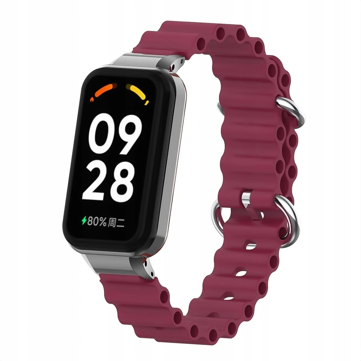 DL3 Mobilak Ocean Strap Compatible with Xiaomi Redmi Band 2/Smart Band 8 Active, Adjustable Silicone Band with Metal Buckle and Frame for Women and Men - Wine Red