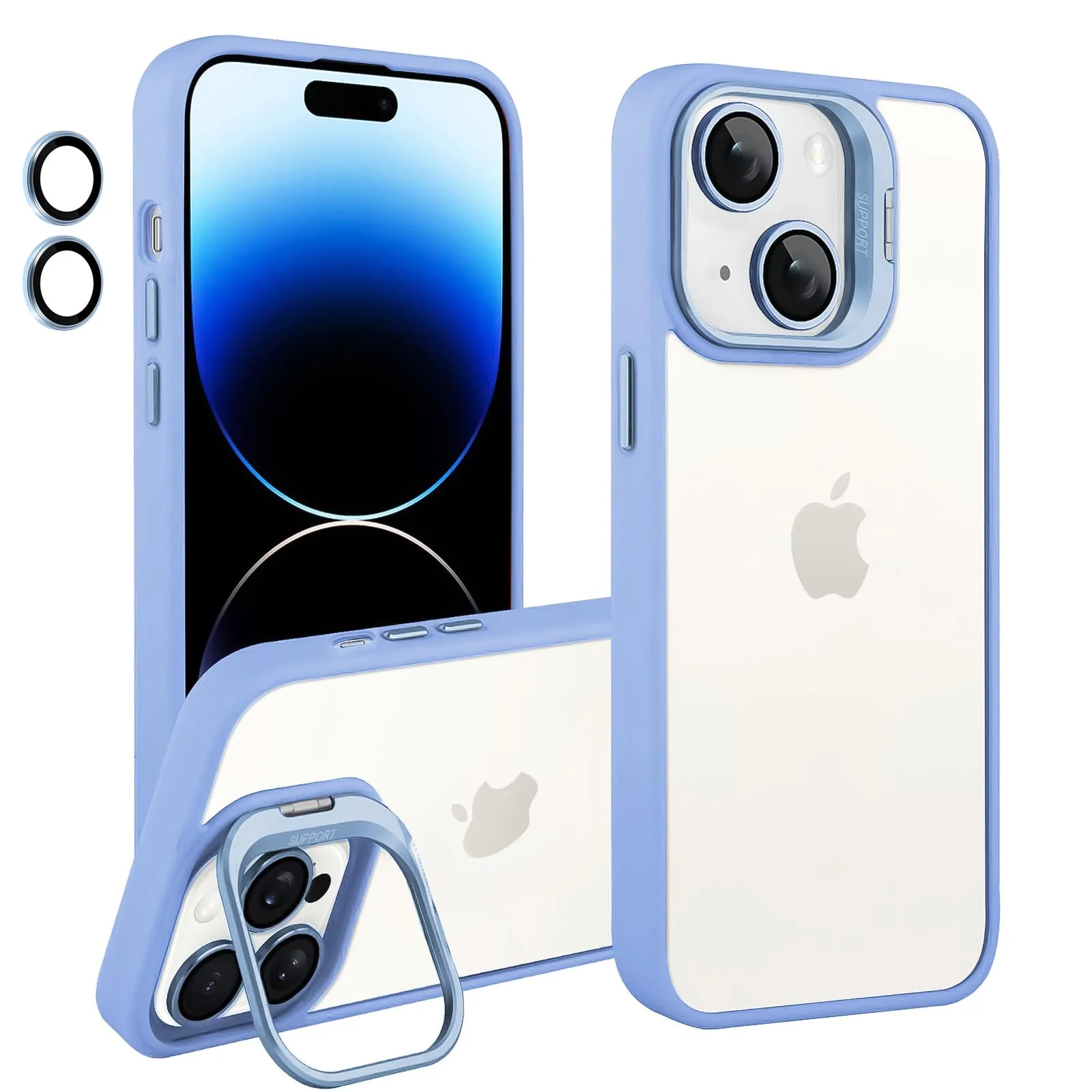DL3 Mobilak Clear PC and TPU Case with Camera Ring Kickstand and Lens Protector for iPhone 13 / iPhone 14 - Sky Blue