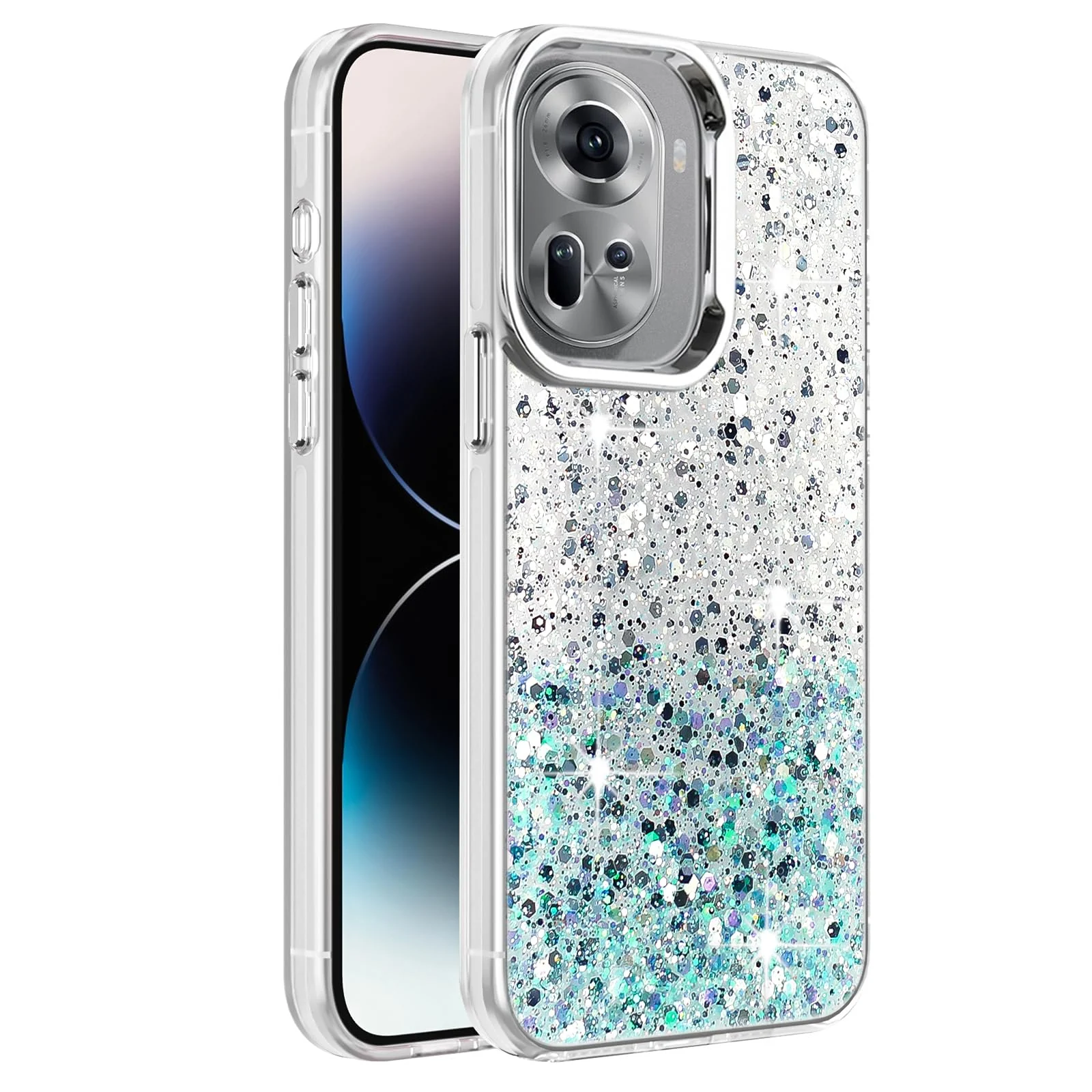 DL3 Mobilak Glitter Protective Case for OPPO Reno11 5G / Reno 11 Pro 5G, Supports wireless charging, Camera protection, Shock-absorbing protection - White Green