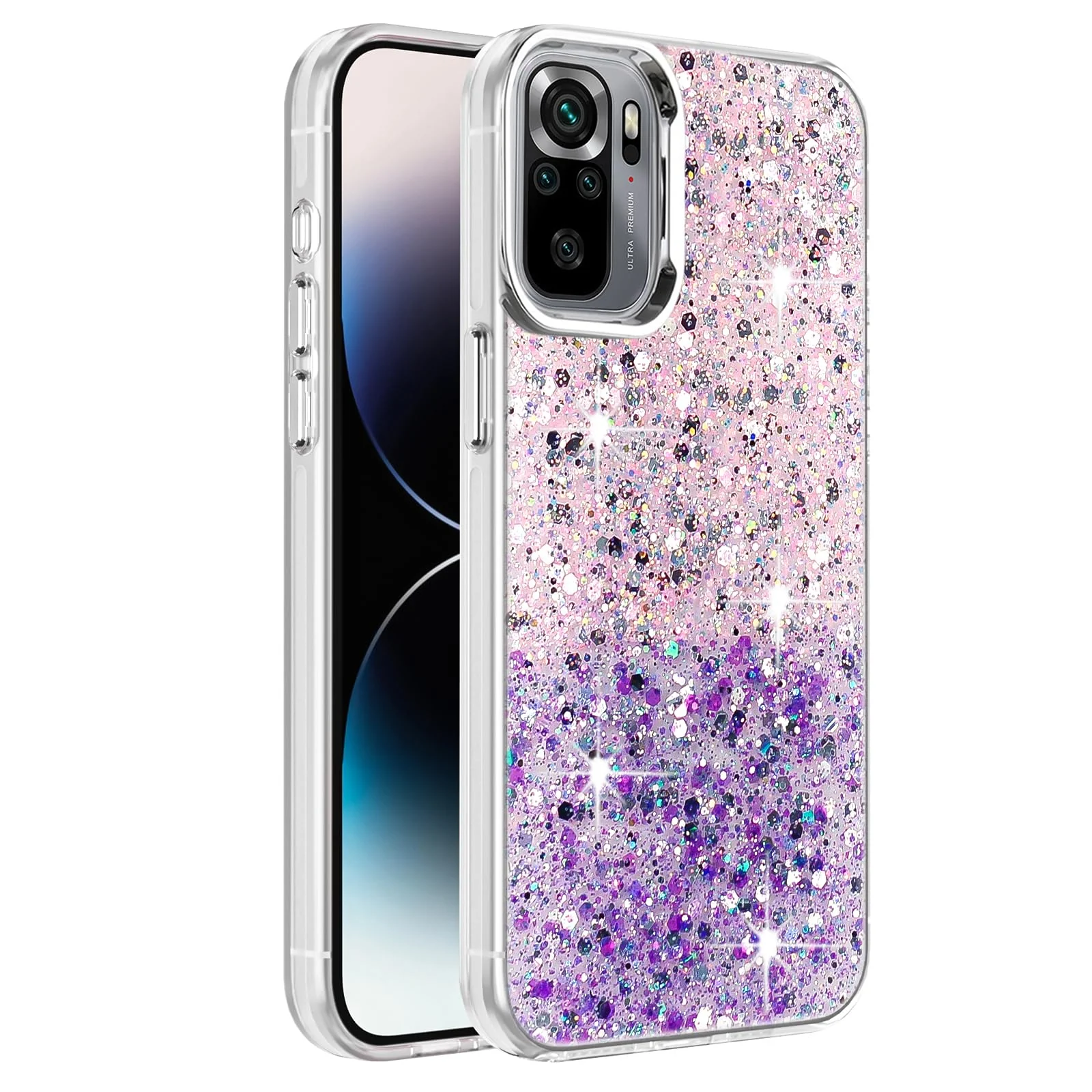 DL3 Mobilak Glitter Protective Case for Xiaomi Redmi Note 10 4G / Note 10S, Supports wireless charging, Camera protection, Shock-absorbing protection - Pink Purple