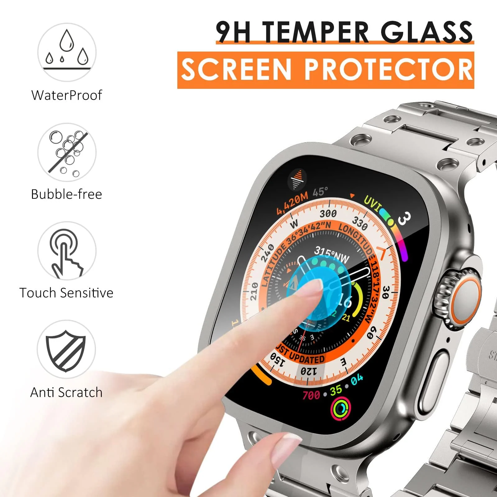 DL3 Mobilak Compatible for Apple Watch Ultra 2/Ultra 49mm Screen Protector 49mm, Titanium Alloy Frame Built-in 9H Tempered Glass Film, Lightweight Metal Case for iWatch 49mm - Titanium