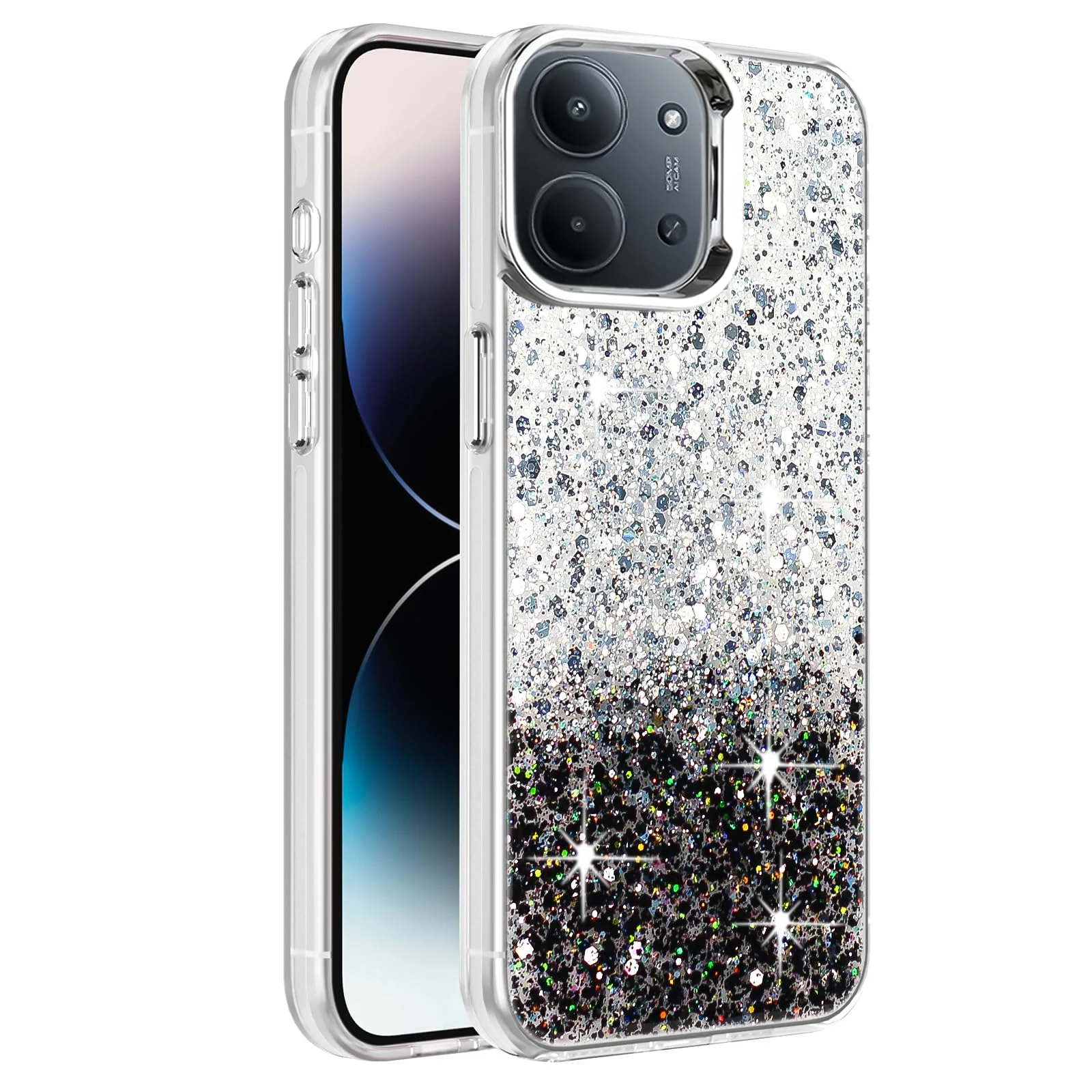 Dl3 Mobilak Compatible with Xiaomi Redmi 15C 4G/5G Case, Clear Glitter Bling Sparkly, Soft TPU Frame Bumper, Hard-Back Cover for Women & Girls, Transparent Protective Phone Case (Green Purple)