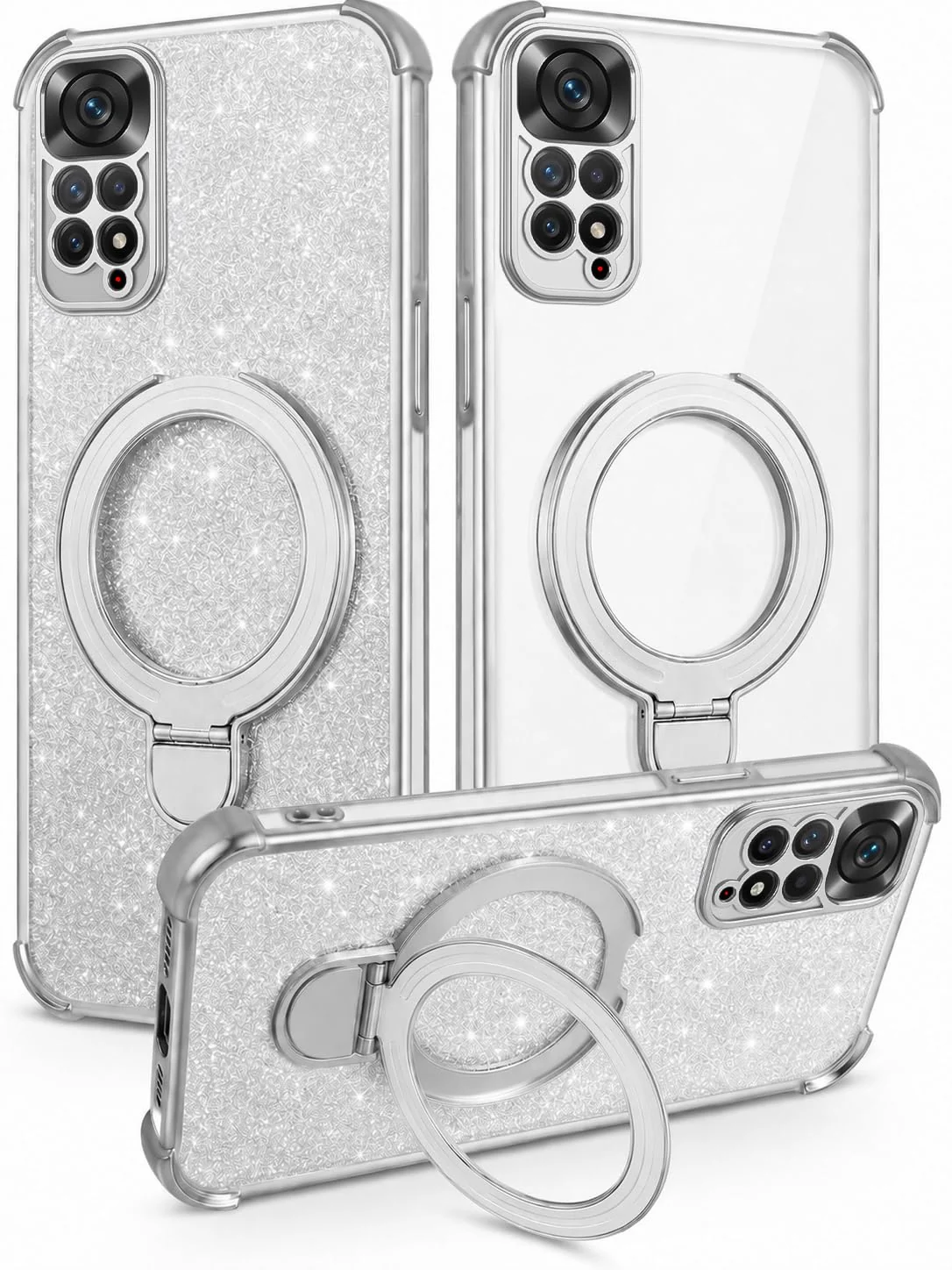 MOBIGON Glitter Phone Case with Magnetic Ring Stand for Xiaomi Redmi Note 11 4G / Note 11S, Silver