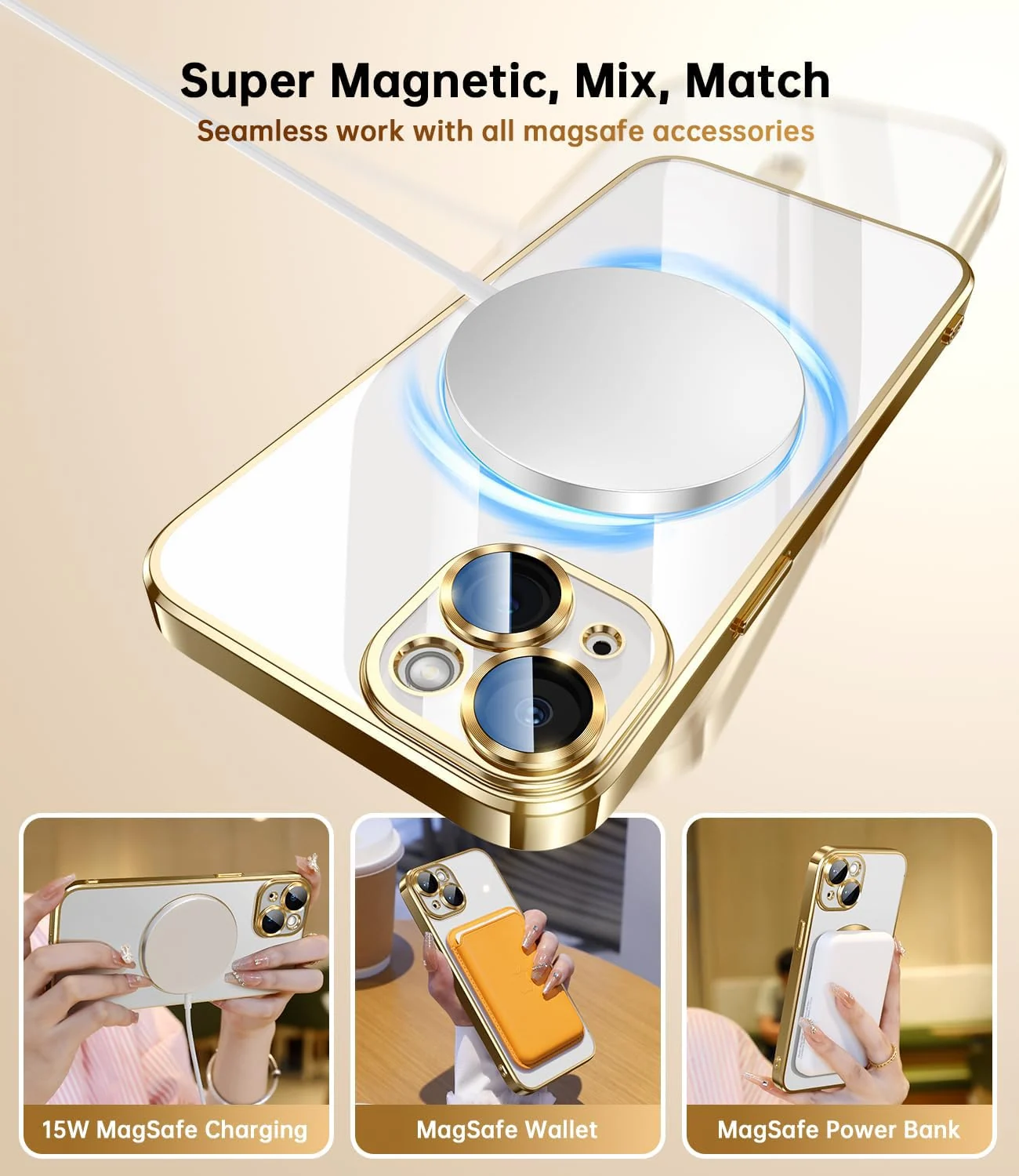 DL3 MOBILAK MagSafe Phone Case with Camera Lens Protector for Apple iPhone 14, Gold