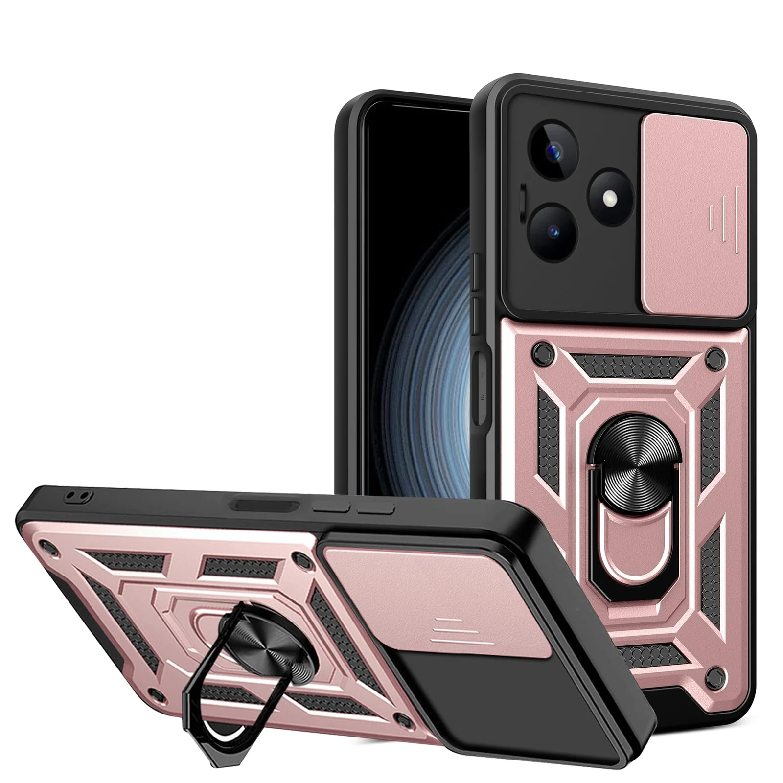 Dl3 Mobilak Case for Realme C53/Narzo N53 with Slide Camera Cover, Military Grade Shockproof Protective Cover with Rotatable Metal Ring Kickstand [Support Magnetic Car Mount] (Rose Gold)