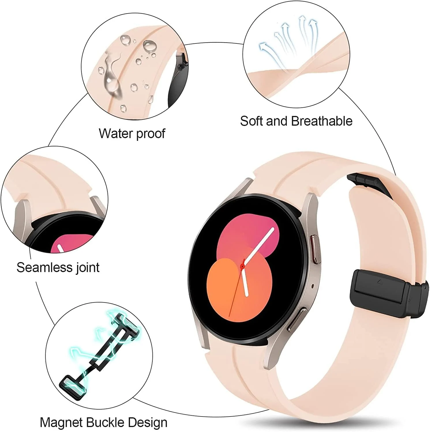 DL3 Mobilak Strap Compatible with Samsung Galaxy Watch 7 FE 6 5 4 Strap 40mm 44mm/Watch 6 Classic 43mm 47mm/5 Pro 45mm/4 Classic 42mm 46mm, No Gap Magnetic Clasp Silicone Band - Black