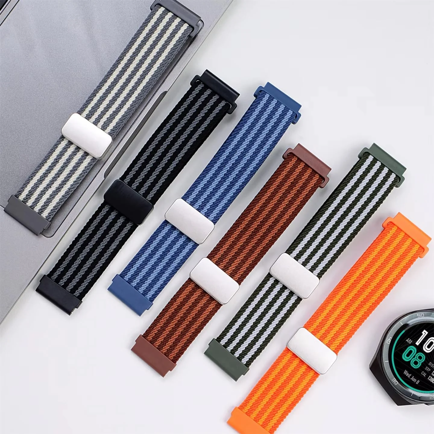 DL3 Mobilak Braided Strap for Huawei Watch Fit 4 / Fit 4 Pro/Fit 3 Bracelet, Quick Release Adjustable Nylon Sport Elastic Loop Band, Anti-Slip Magnetic Buckle Stretchy Nylon Strap - Brown Striped