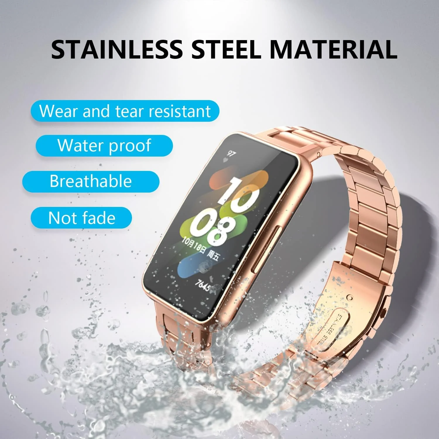 DL3 Mobilak Strap for Huawei Band 7/ Honor Band 7 Stainless Steel Replacement Metal Straps Bracelet Compatible with Huawei Watch Band 7 Standard and Huawei Band 7 NFC Edition Bracelets - Rose Gold