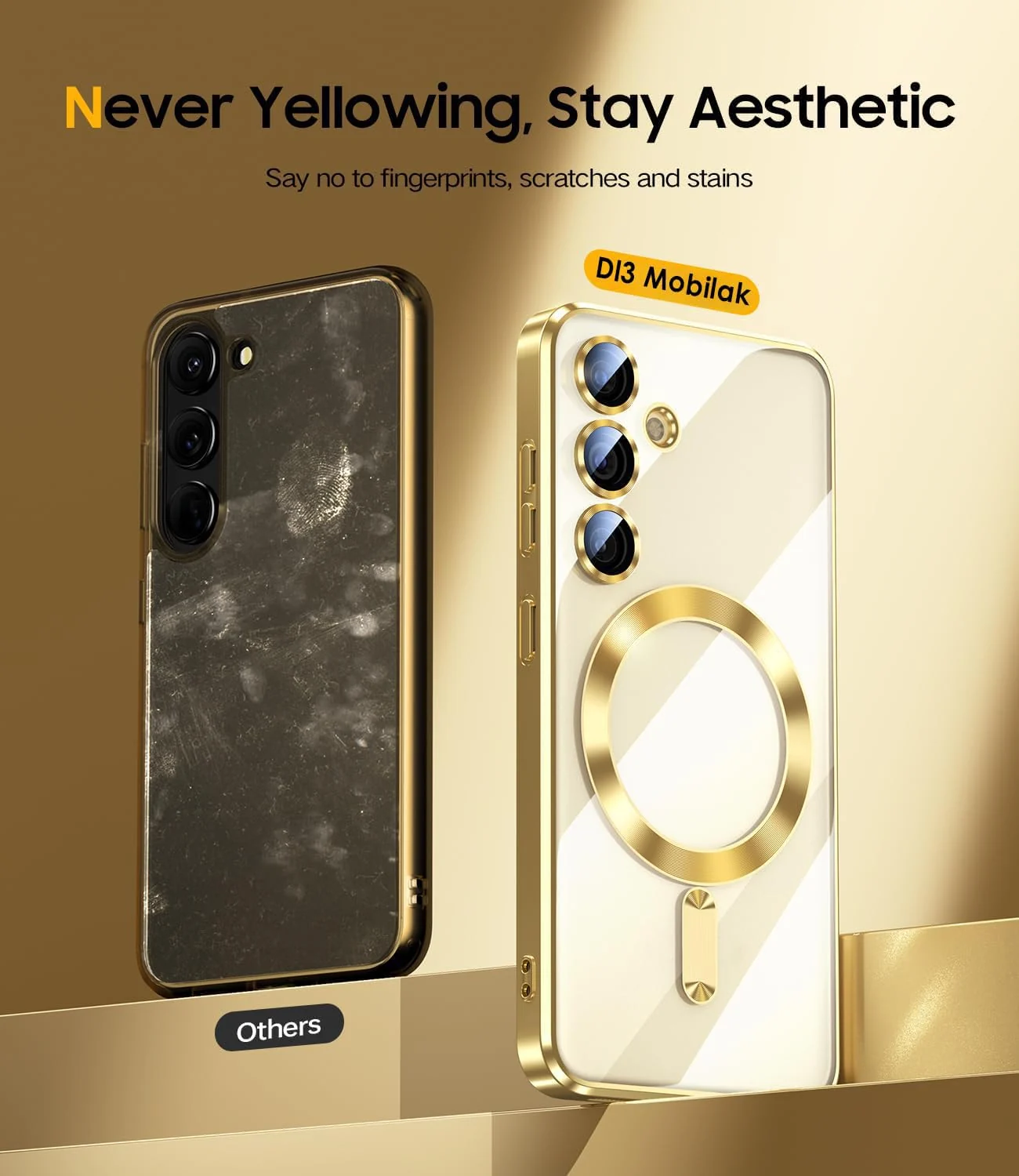 DL3 Mobilak Glitter Protective Case for Samsung Galaxy S23 Fe, Compatible with MagSafe accessories, Camera protection, Shock-absorbing protection - Gold