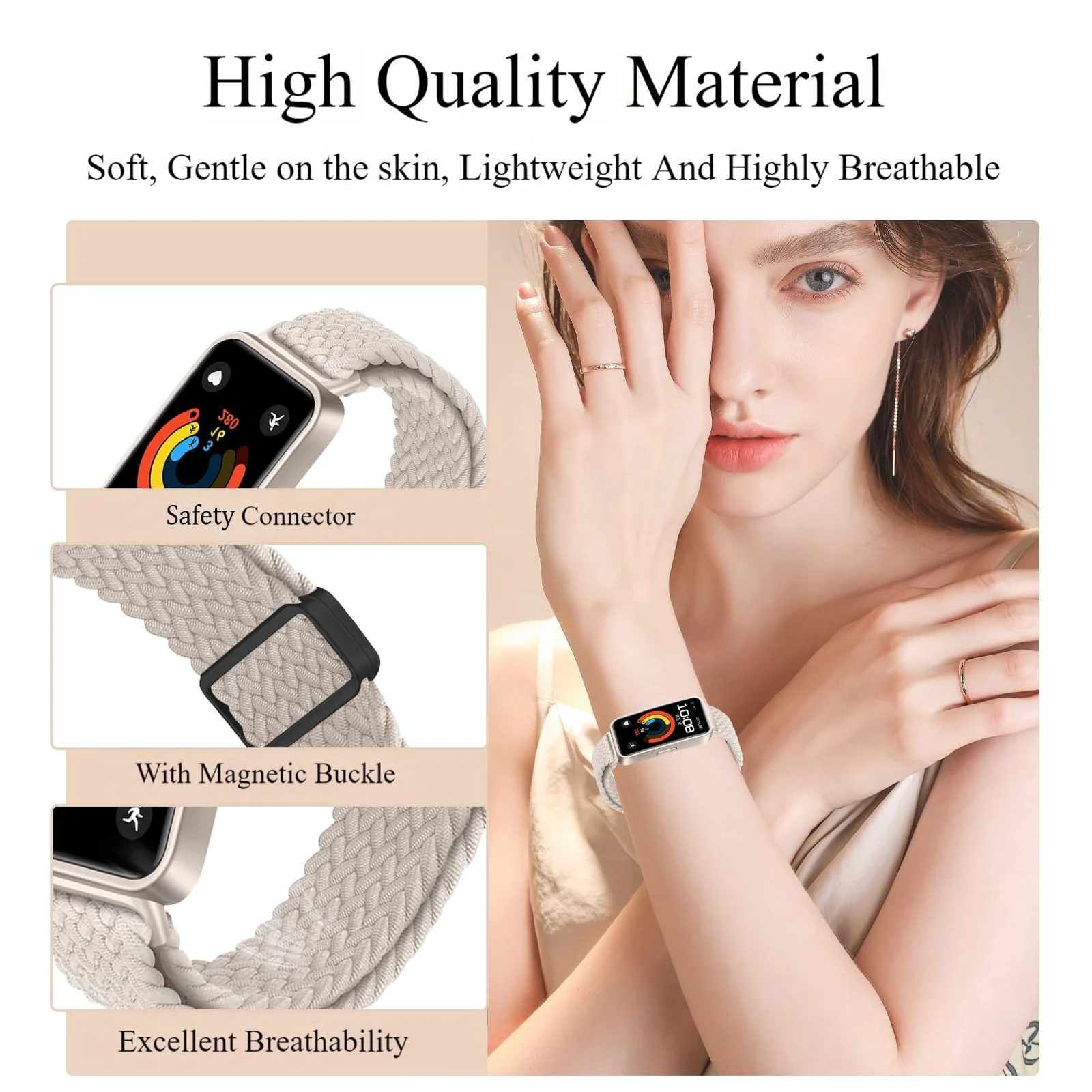 DL3 Mobilak Braided Strap for Huawei Band 9/Huawei Band 8 for Men Women, Adjustable Nylon Sport Elastic Loop Band with Magnetic Clasp for Huawei Band 9/Huawei Band 8 Smartband - Starlight