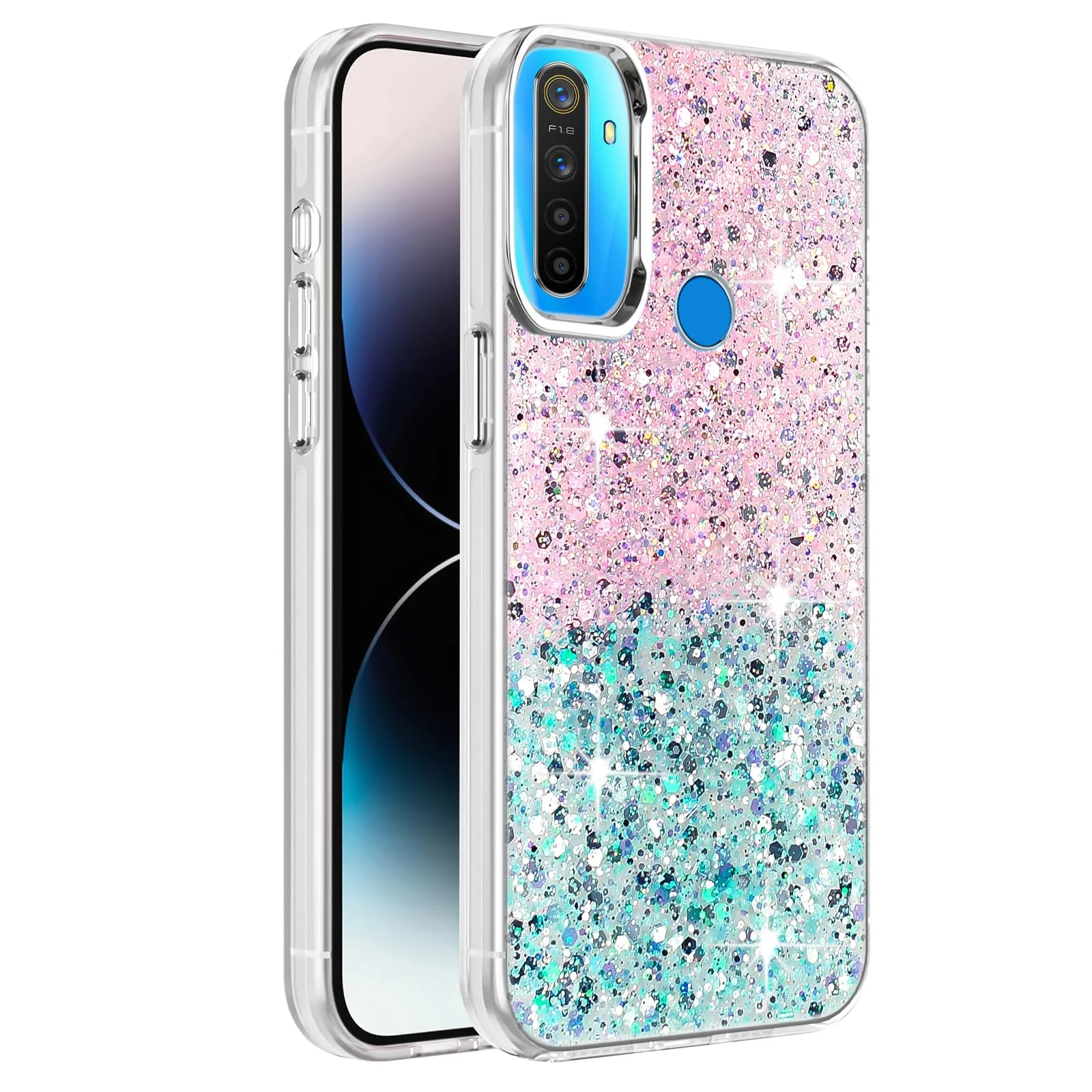 DL3 Mobilak Glitter Protective Case for OPPO realme 5 / 5s / 5i / 6i / C3 / Narzo 10A, Supports wireless charging, Camera protection, Shock-absorbing protection - Pink Green