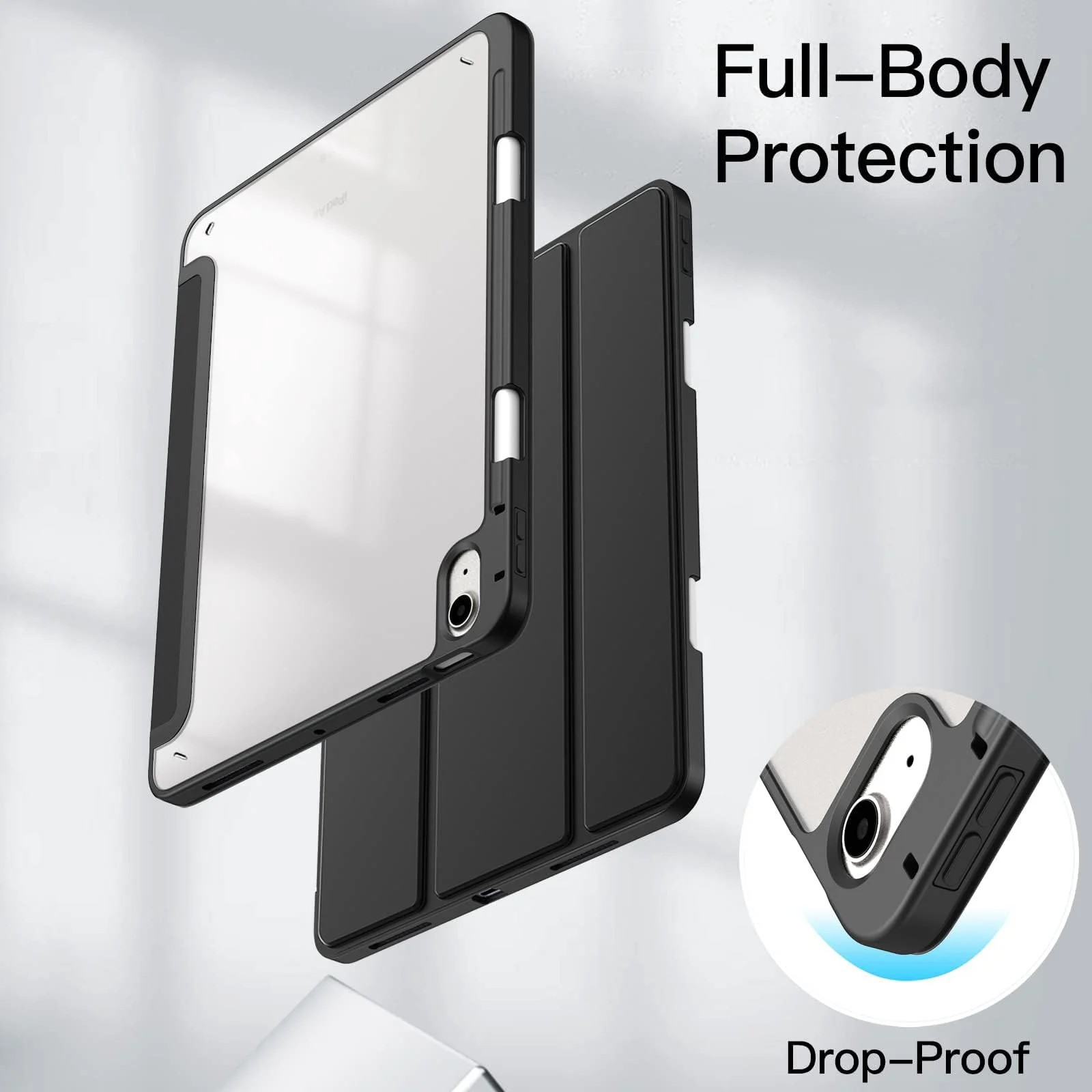 DL3 MOBILAK Case for For iPad Air 11-Inch M2 (2024), iPad Air 5/4 (2022/2020 5th/4th 10.9-Inch), Clear Shockproof Back Cover Built-in Pencil Holder,Auto Sleep/Wake - Black
