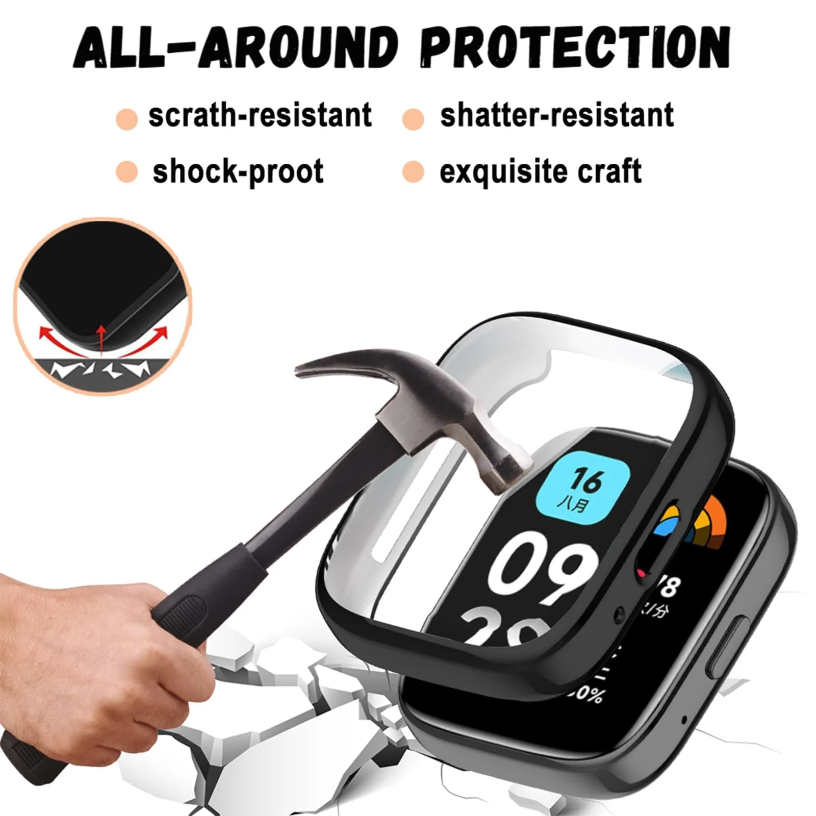 DL3 Mobilak Case for Xiaomi Redmi Watch 3 Lite/Active With Built-in Screen Protector, All-Around Soft TPU Shockproof Cover, Slim Guard Thin Bumper Shell Protector - Black