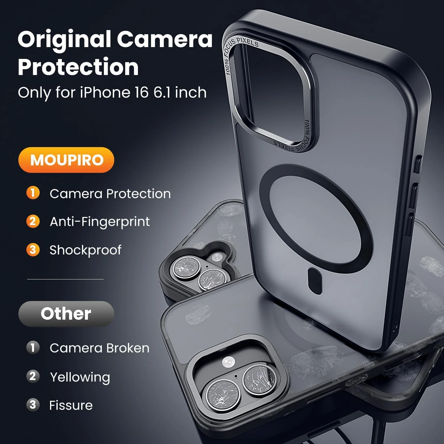 DL3 Mobilak Translucent Matte Case for iPhone 16 6.1-Inch, Compatible with MagSafe accessories, Supports wireless charging, Built-in magnetic car-mount support - Black