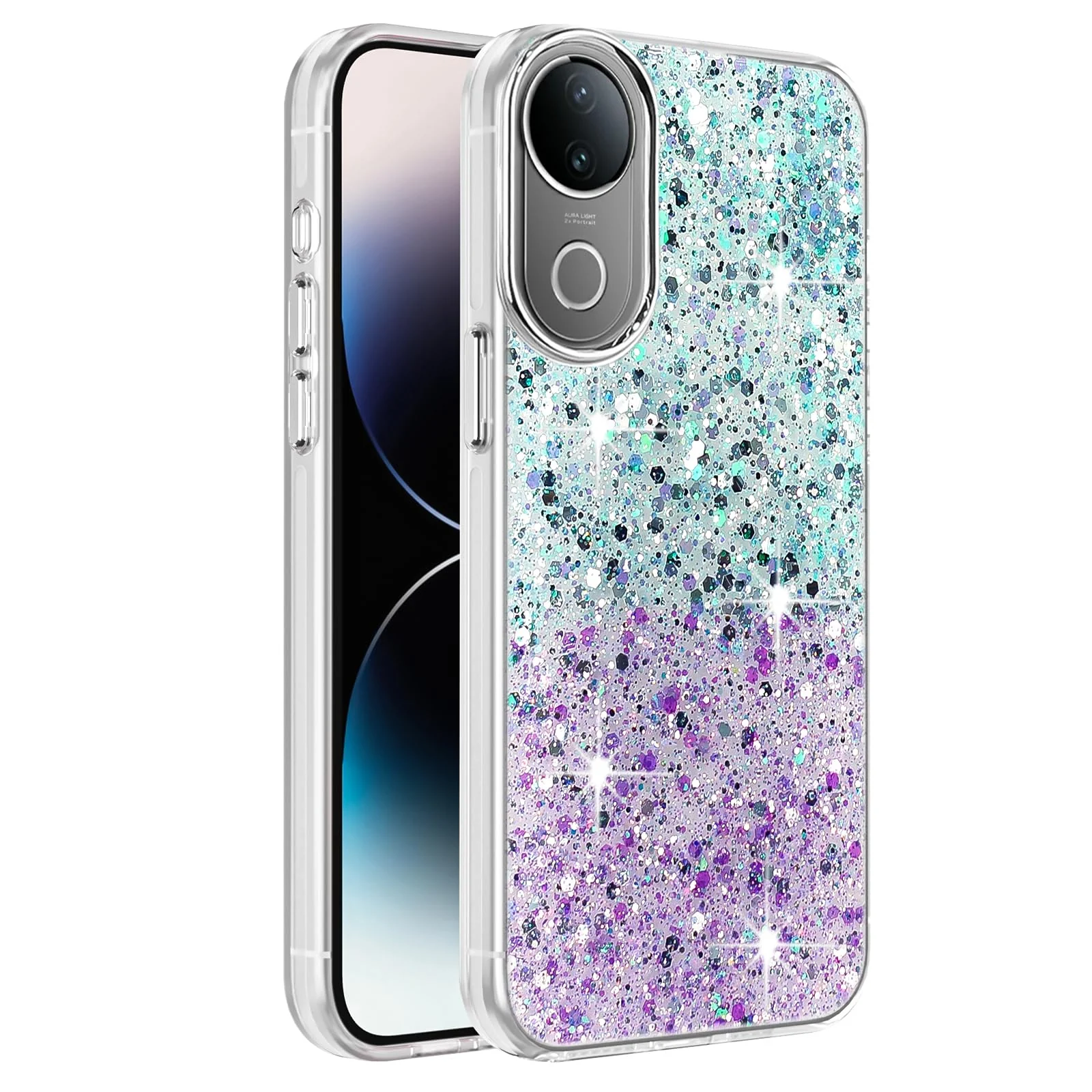 DL3 Mobilak Glitter Protective Case for vivo V50 5G / vivo V50e 5G, Supports wireless charging, Camera protection, Shock-absorbing protection - Green Purple