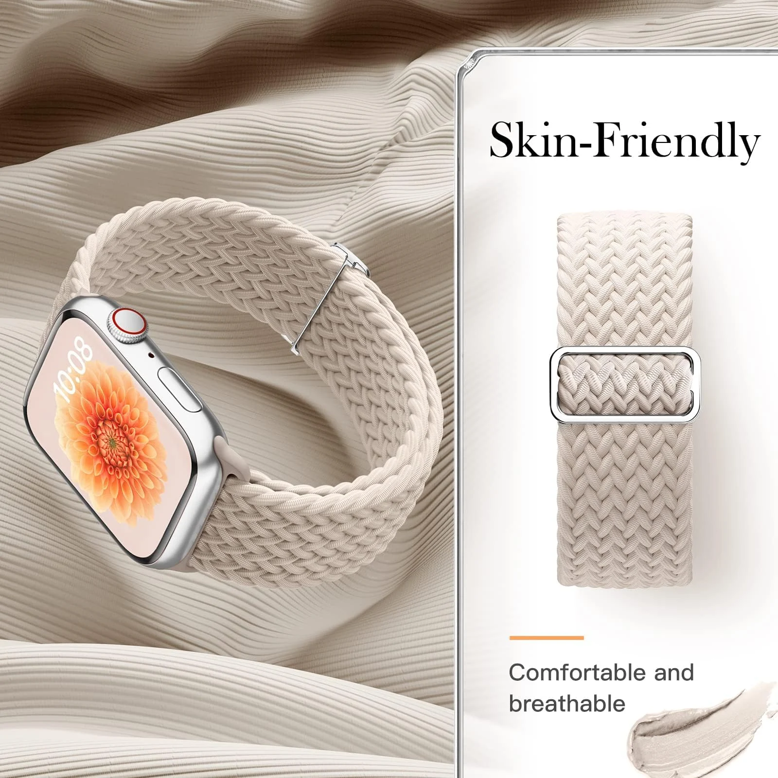 DL3 Mobilak Stretchy Nylon Solo Loop Strap Compatible with Apple Watch Band 49mm 45mm 46mm 44mm 42mm for Women Men, Sport Breathable Braided Wristband for iWatch Series 11 10 9 8 7 6 5 4 SE Ultra 3 2 1 - Starlight