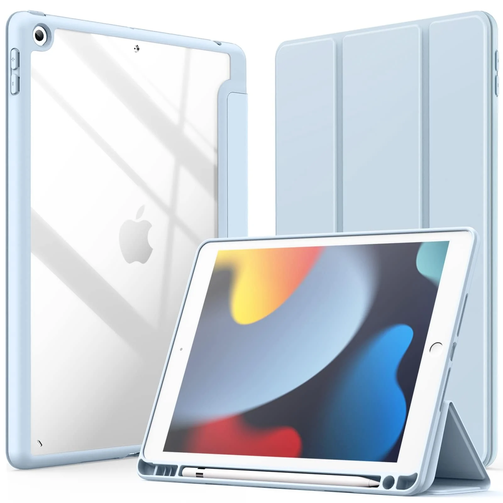 DL3 Mobilak Case for iPad 10.2-Inch (9th/8th/7th Generation, 2021/2020/2019), Clear Shockproof Back Cover Built-in Pencil Holder, Auto Sleep/Wake - Sky Blue