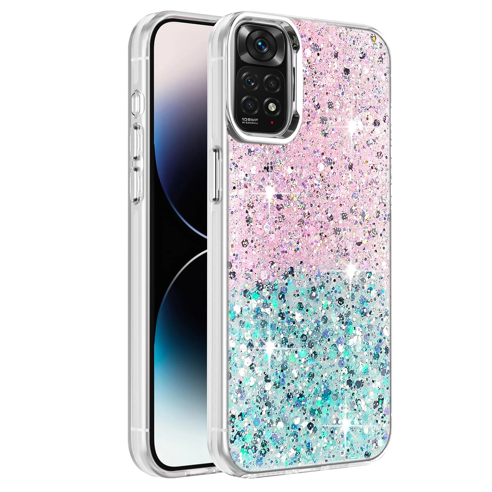 DL3 Mobilak Glitter Rhinestone Protective Case for Xiaomi Redmi Note 11 4G / Note 11S with Shockproof Design - Pink Green