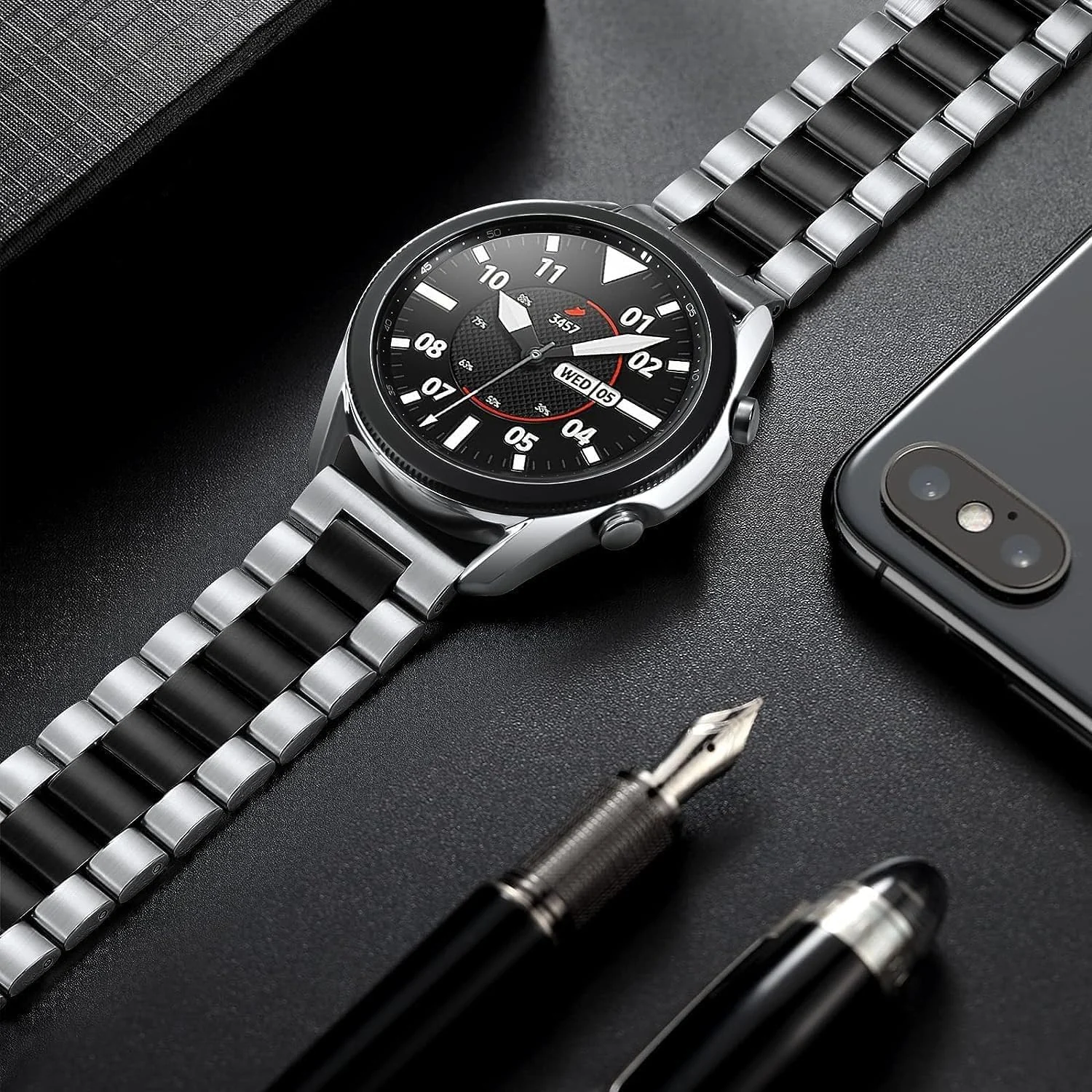 DL3 Mobilak Metal Band 20MM Strap for Samsung Gear Sport, Watch 4/5/5 Pro, S2 Classic, Active 2 40mm 44mm, Amazfit GTS 3/4/4 Mini, Bip 3/Pro/U, GTS 2 Mini/2e - A. Silver & Black