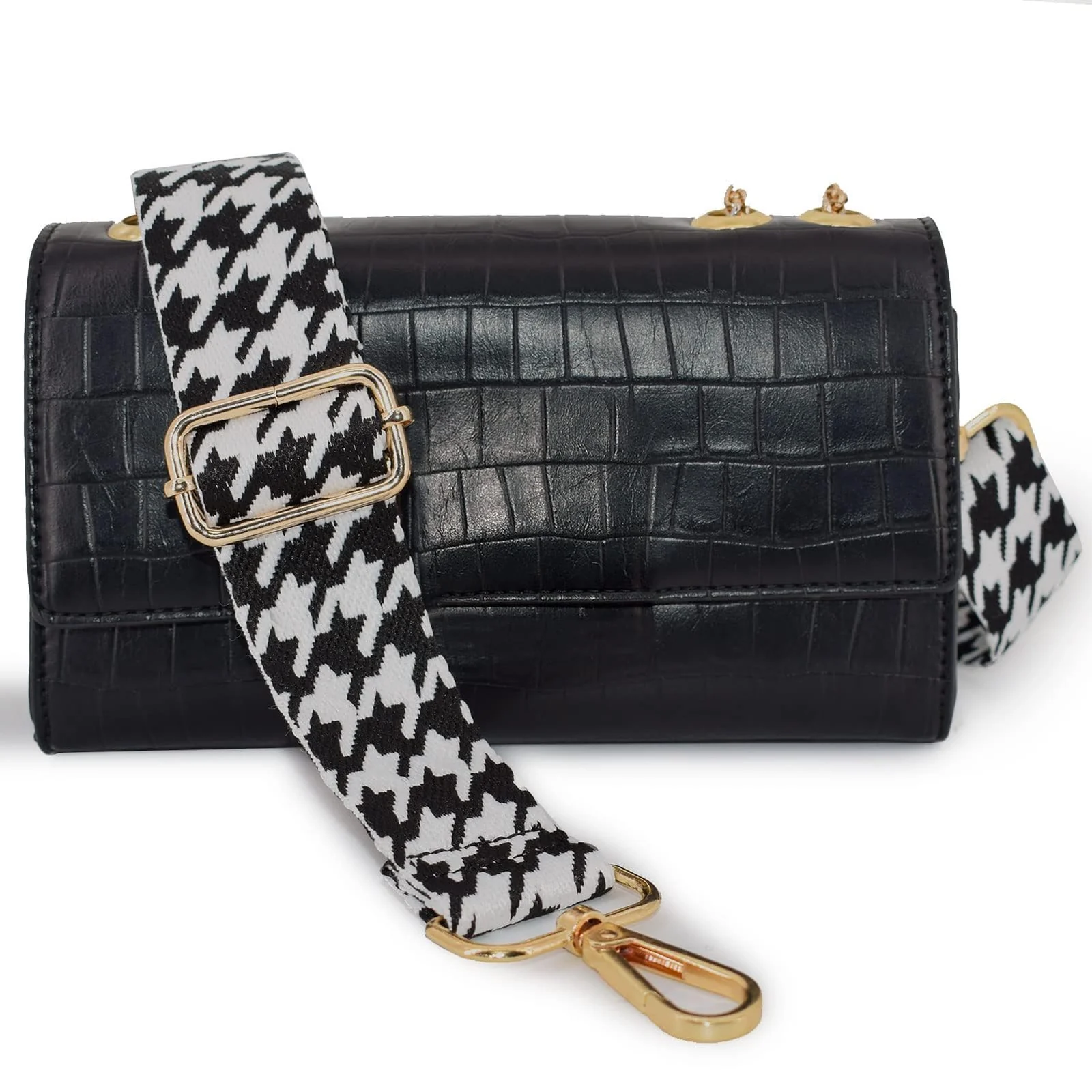 DL3 Mobilak Adjustable Wide Crossbody Bag Strap for Women, Replacement Shoulder Strap for Handbags, Totes & Purses with Elegant Embroidered Pattern and Metal Hooks - Black Houndstooth
