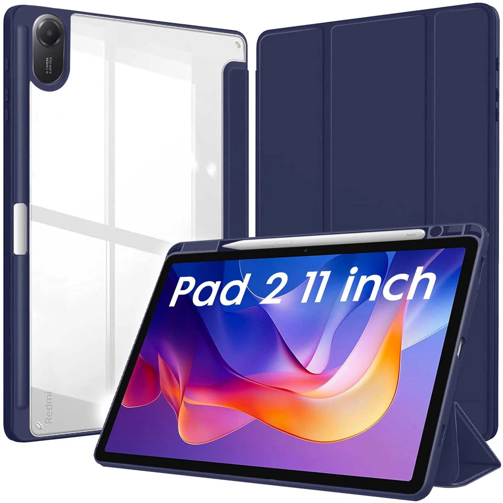 DL3 Mobilak Case for Xiaomi Redmi Pad 2 2025 11 inch with Built-in Pencil Holder, Clear Transparent PC Back, Shockproof Tri-Fold Stand Tablet Cover, Auto Wake/Sleep