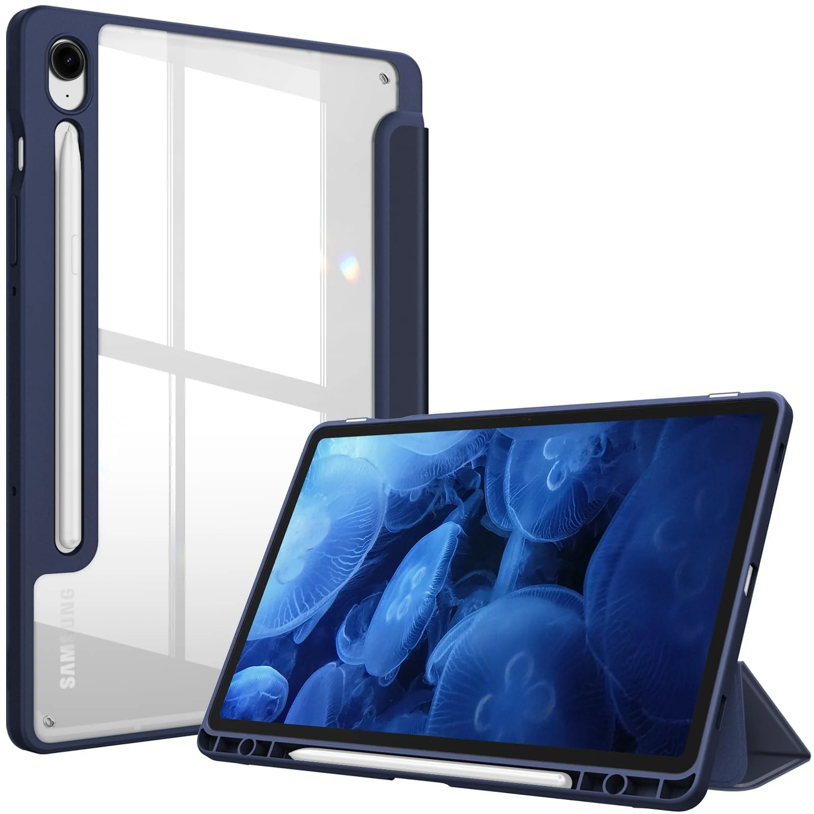 DL3 Mobilak Hybrid Slim Case for Samsung Galaxy Tab S9 FE 5G 10.9 Inch/Galaxy Tab S9 11 Inch 2023 with S Pen Holder, Shockproof Cover with Clear Transparent Back Shell, Auto Wake/Sleep - Midnight Blue