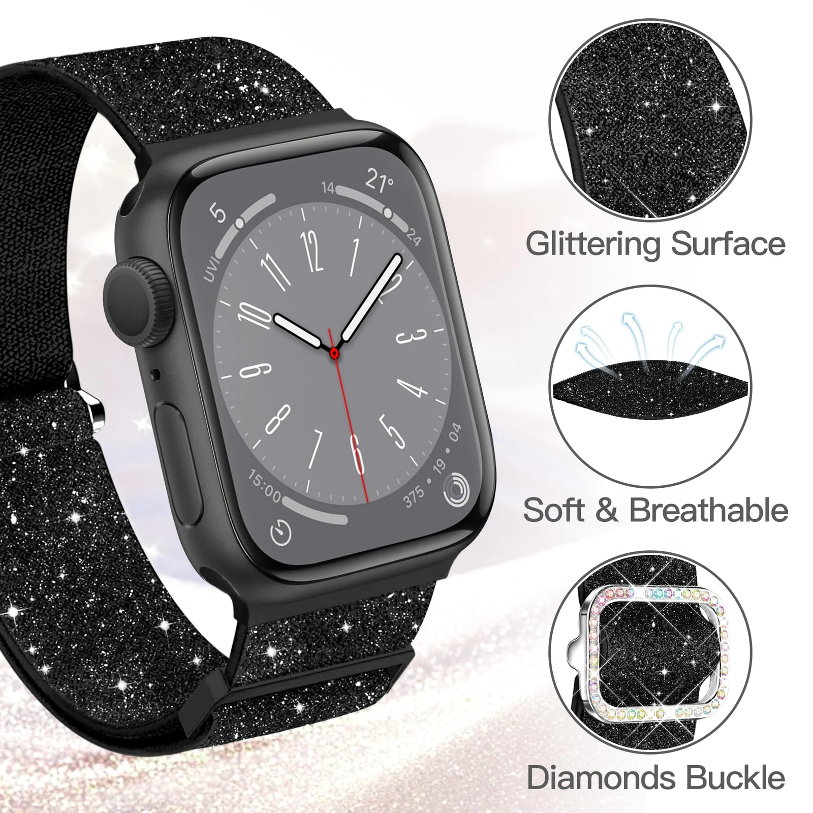 DL3 Mobilak Stretchy Bling Band For Apple Watch 49mm 46mm 45mm 44mm 42mm Women, Nylon Sparkly Strap Solo Loop Glitter Wristband for iWatch Series 11 10 9 8 7 6 5 4 SE3 SE2 SE Ultra 3 2 1 - Black
