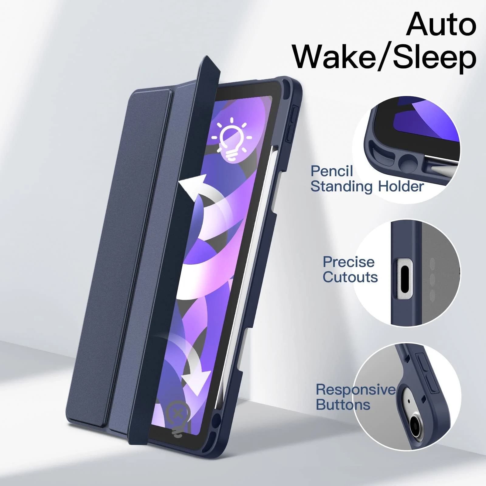 DL3 Mobilak Case for For iPad Air 11-Inch M2 (2024), iPad Air 5/4 (2022/2020 5th/4th 10.9-Inch), Clear Shockproof Back Cover Built-in Pencil Holder, Auto Sleep/Wake - Dark Blue