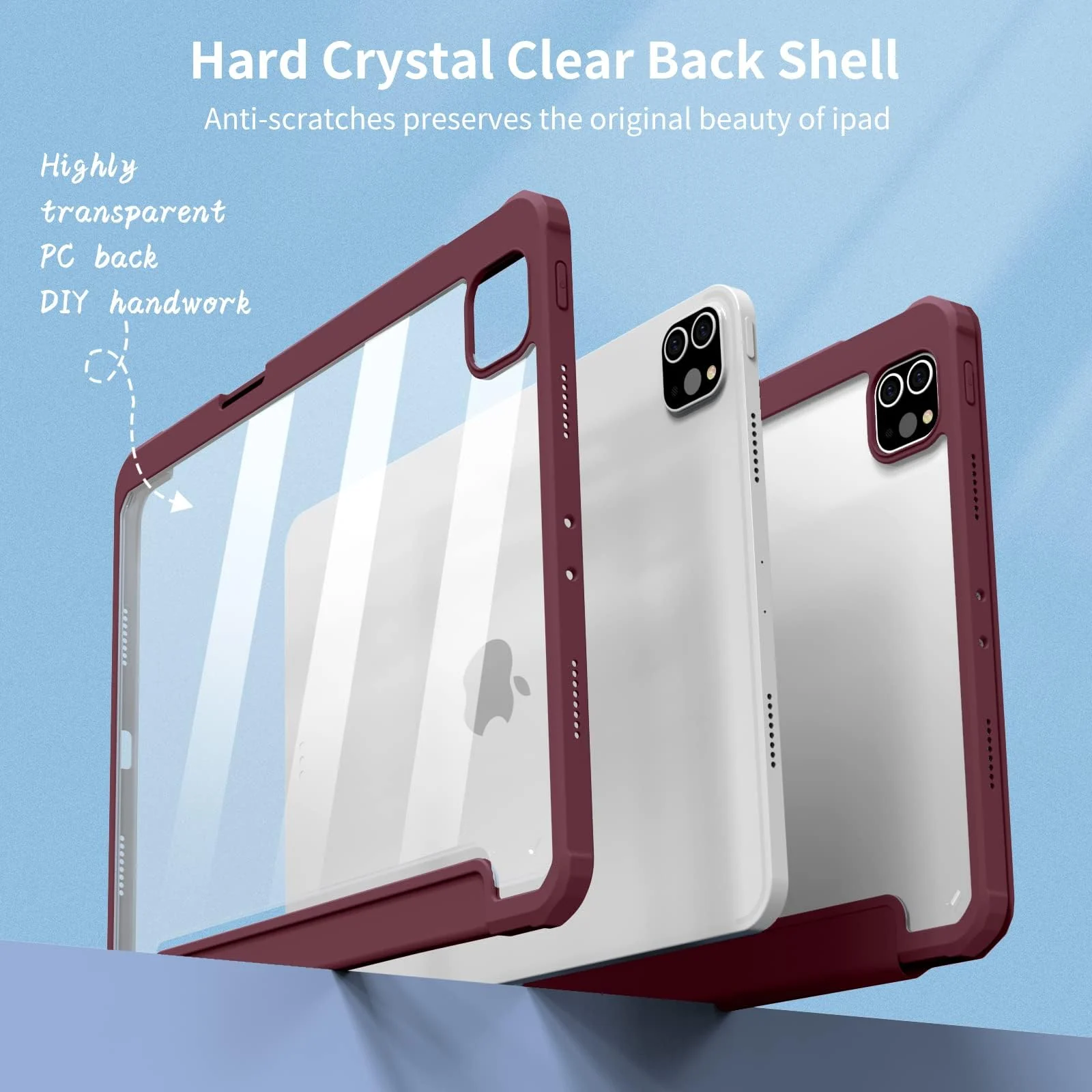 DL3 Mobilak for iPad Pro 12.9 Case 6th/5th/4th/3rd Generation 2022/2021/2020/2018, Clear Shockproof Back Cover Built-in Pencil Holder, Auto Sleep/Wake - Wine Red