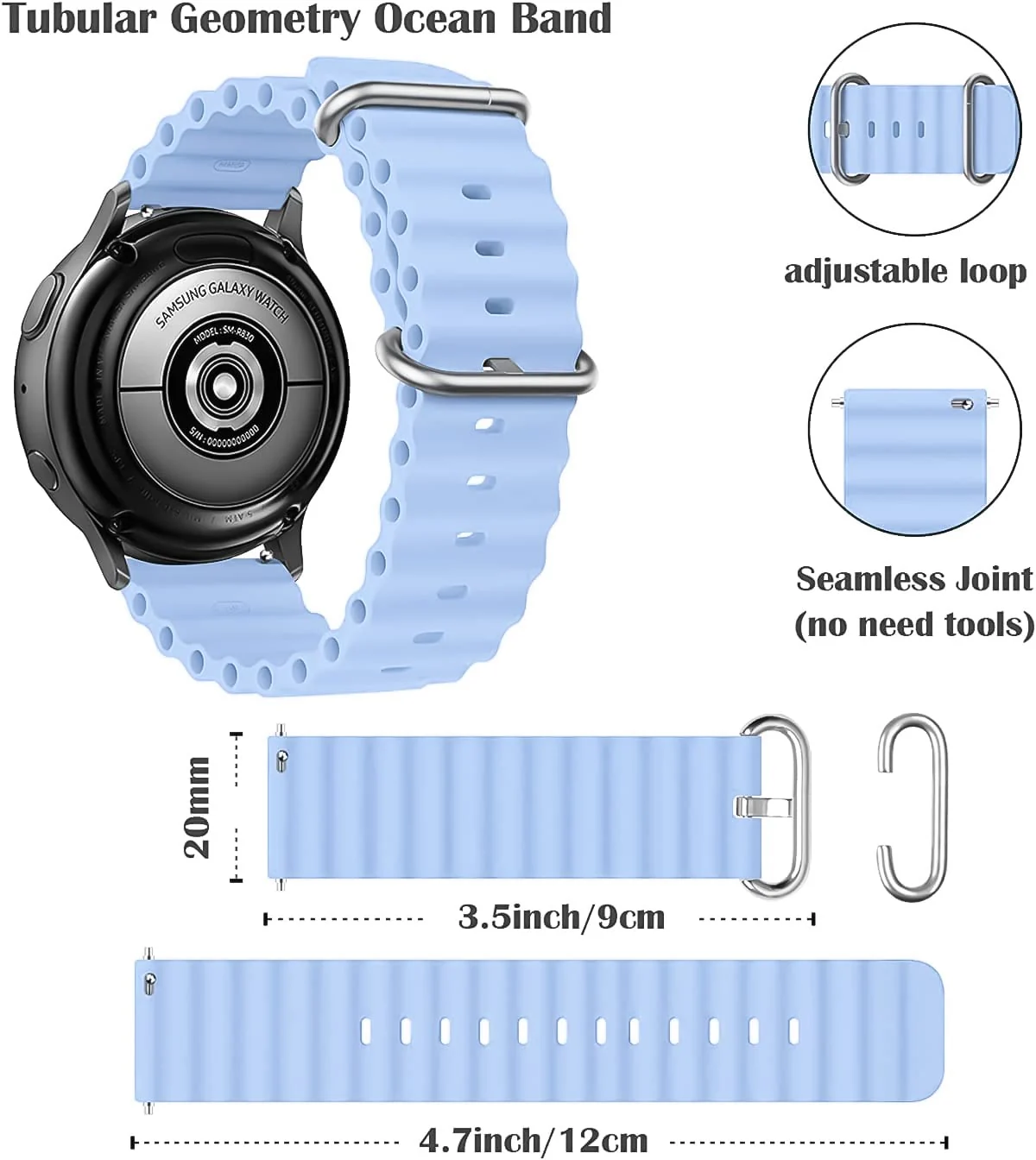 DL3 Mobilak Ocean Bands Silicone 20MM Strap For Samsung Galaxy Watch 7 6 5 4 40mm 44mm/5 Pro 45mm/S2 classic/active 2 40mm 44mm/Amazfi GTS 2/2e/GTS 3/3 Pro/GTS 4/GTS 2 Mini/3 Mini/4 Mini/Bip 3 Pro - Sky Blue