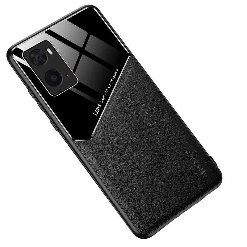 DL3 Mobilak Leather and PC Protective Case for OPPO A36 / OPPO A76 / OPPO A96 4G, Built-in magnetic car-mount support, Shock-absorbing protection, Raised edges around the screen and camera - Black