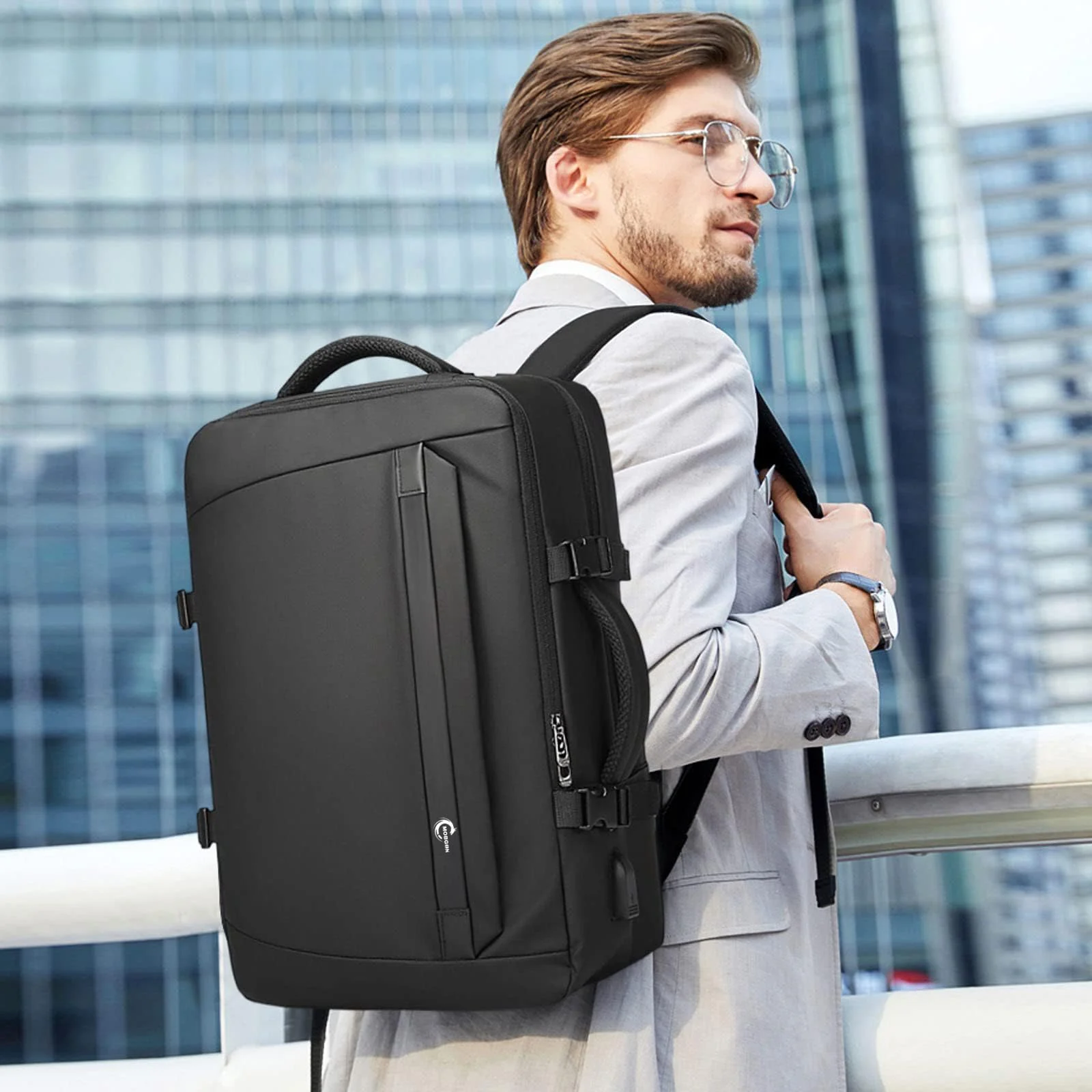 Mobigon Men's Big Travel Backpack with USB Charging Port, 18 Inch Laptop Backpack, Waterproof Leather Business Rucksack, Carry On Big Bag with Anti-Theft Pocket & Luggage Strap - Black
