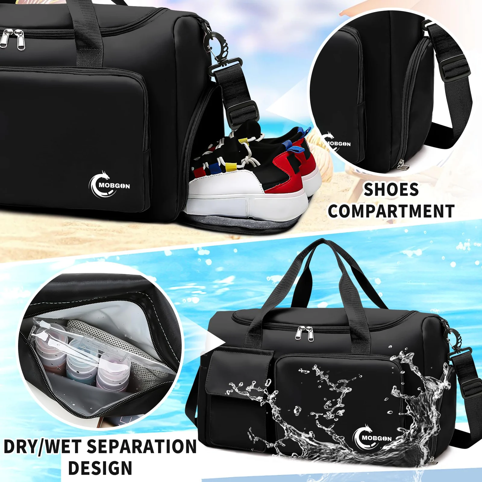 Mobigon Luxury Waterproof Leather Weekender Duffel with Dedicated Shoe & Wet Compartments, Large Capacity Travel and Gym Bag for Men & Women, Adjustable Shoulder Carry Design - Black