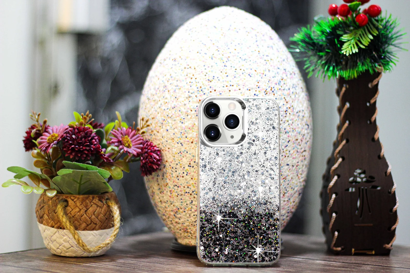DL3 Mobilak Glitter Protective Case for Samsung Galaxy A70 / A70s, Supports wireless charging, Camera protection, Shock-absorbing protection - White Black