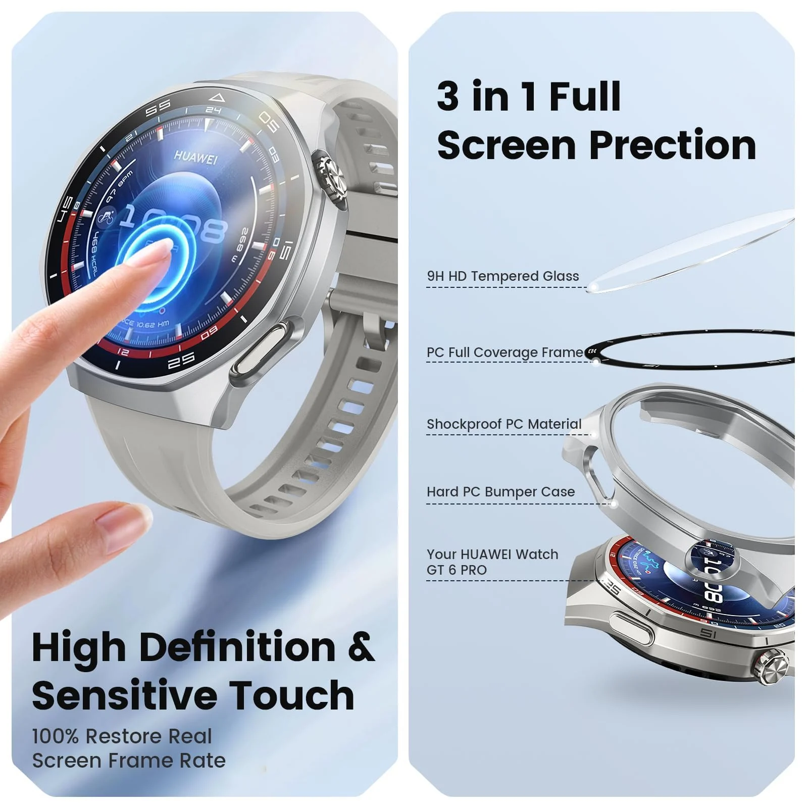 DL3 Mobilak Protective Case for Huawei Watch GT 6 Pro 46mm, Hard PC Bumper Cover with Built-in Tempered Glass Screen Protector Shell Cover Full Coverage with Scale for GT6 Pro 46 mm - Silver
