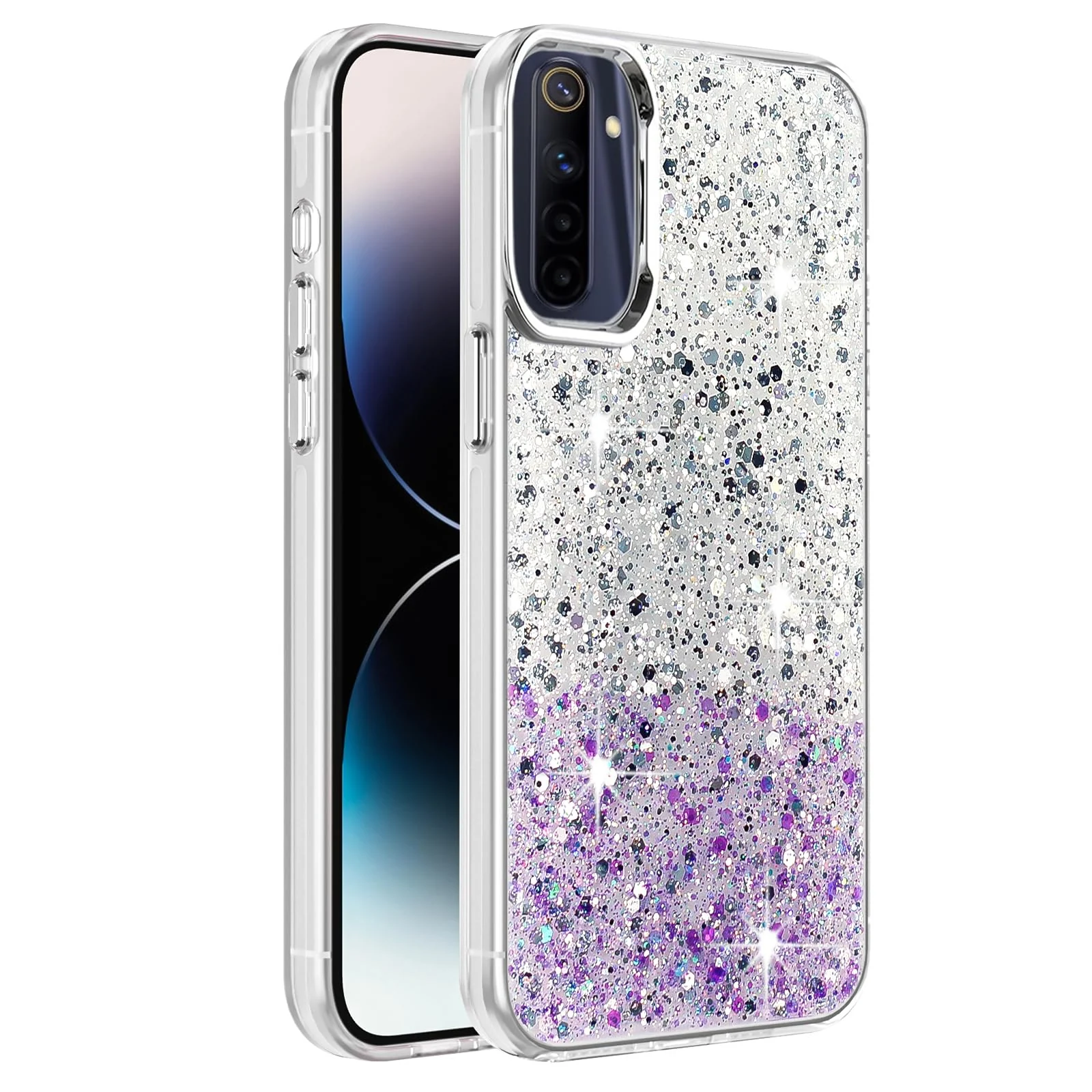 DL3 Mobilak Glitter Protective Case for OPPO realme 6 Pro, Supports wireless charging, Camera protection, Shock-absorbing protection - White Purple