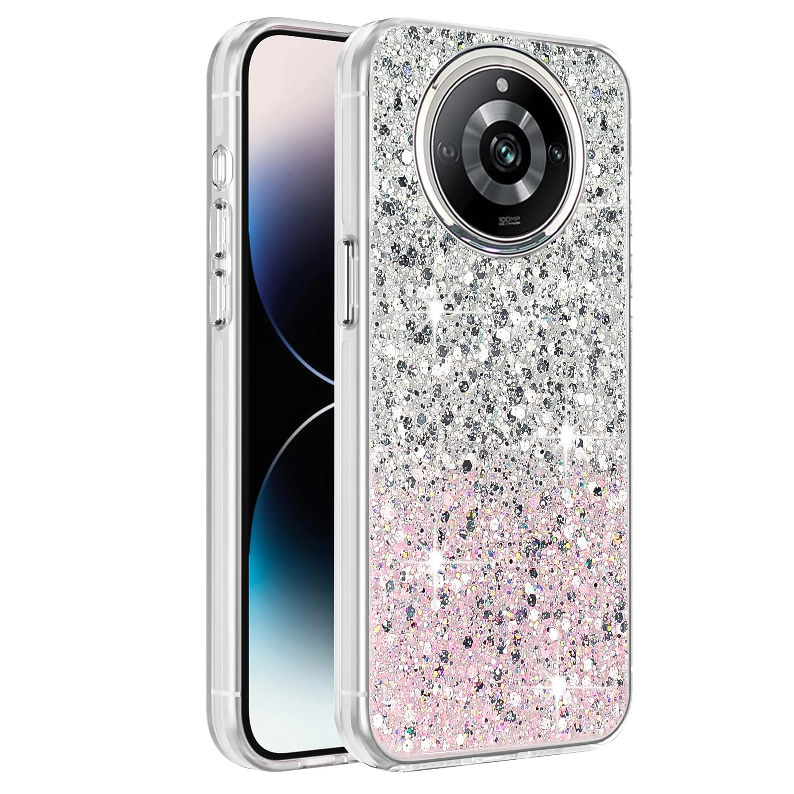 DL3 Mobilak Glitter Protective Case for realme 11 Pro 5G / realme 11 Pro + Plus 5G, Supports wireless charging, Camera protection, Shock-absorbing protection - White Pink