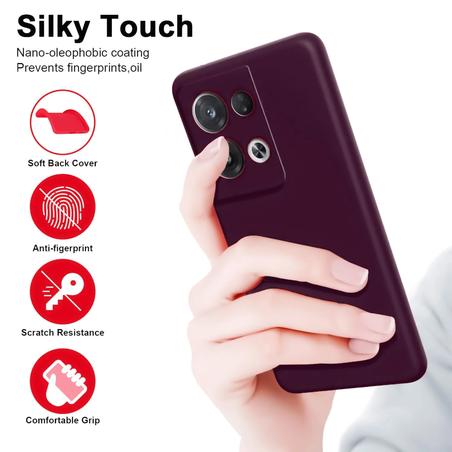 DL3 Mobilak Liquid Silicone Protective Case with Soft Microfiber Lining with Full Camera Protection for OPPO Reno 8 Pro 5G / Reno8 Pro+ Plus 5G - Wine Red