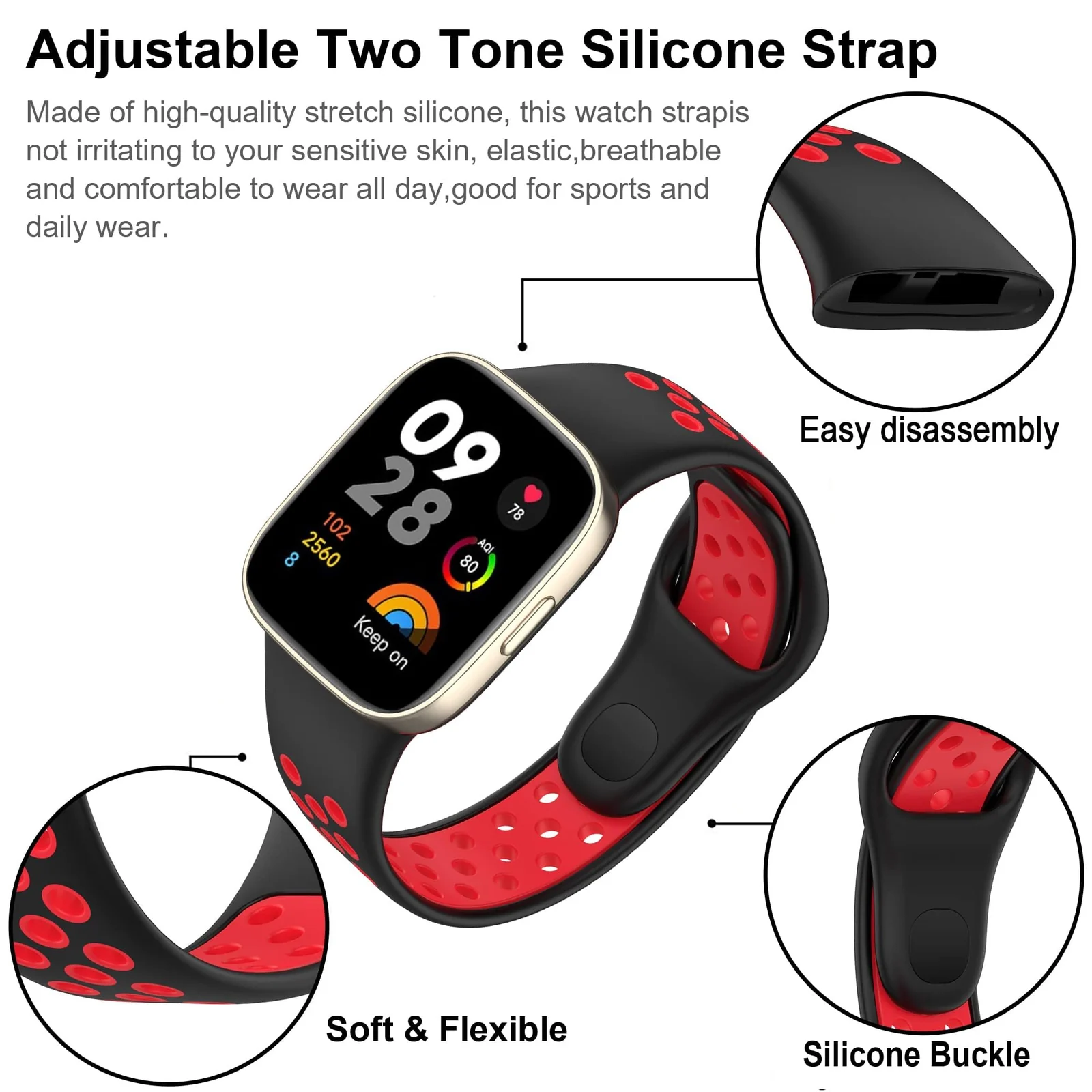 DL3 Mobilak Strap For Xiaomi Redmi Watch 3 (Not for Redmi Watch 3 Lite/Active), [Breathable] Soft Silicone Strap, Two Tone Band, Silicone Replacement Strap - Black
