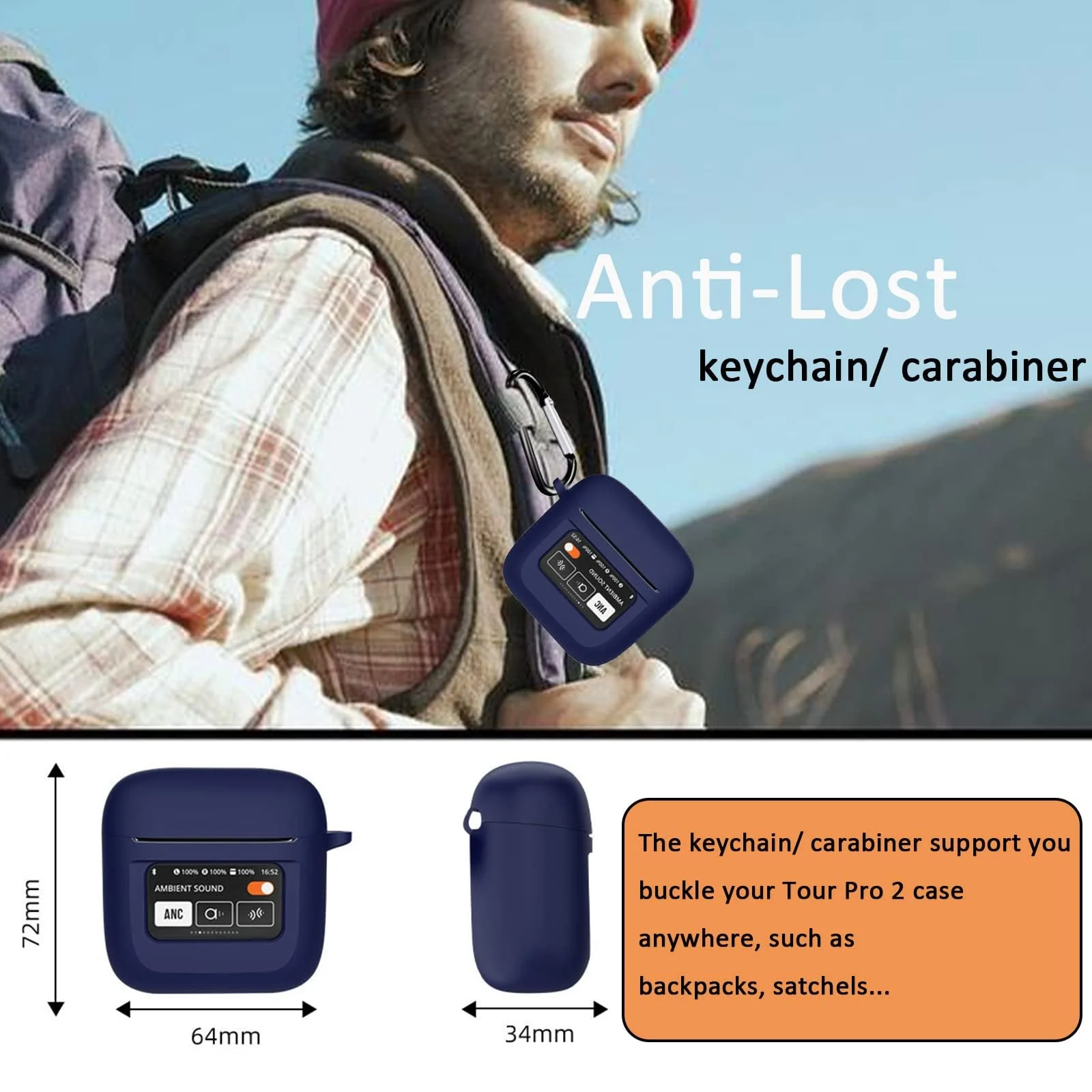 DL3 MOBILAK JBL Tour Pro 2 Earbuds Case Cover, LCD Touch Screen Visible, Anti-Lost Keychain, Soft Silicone Protective Skin with Carabiner - Blue