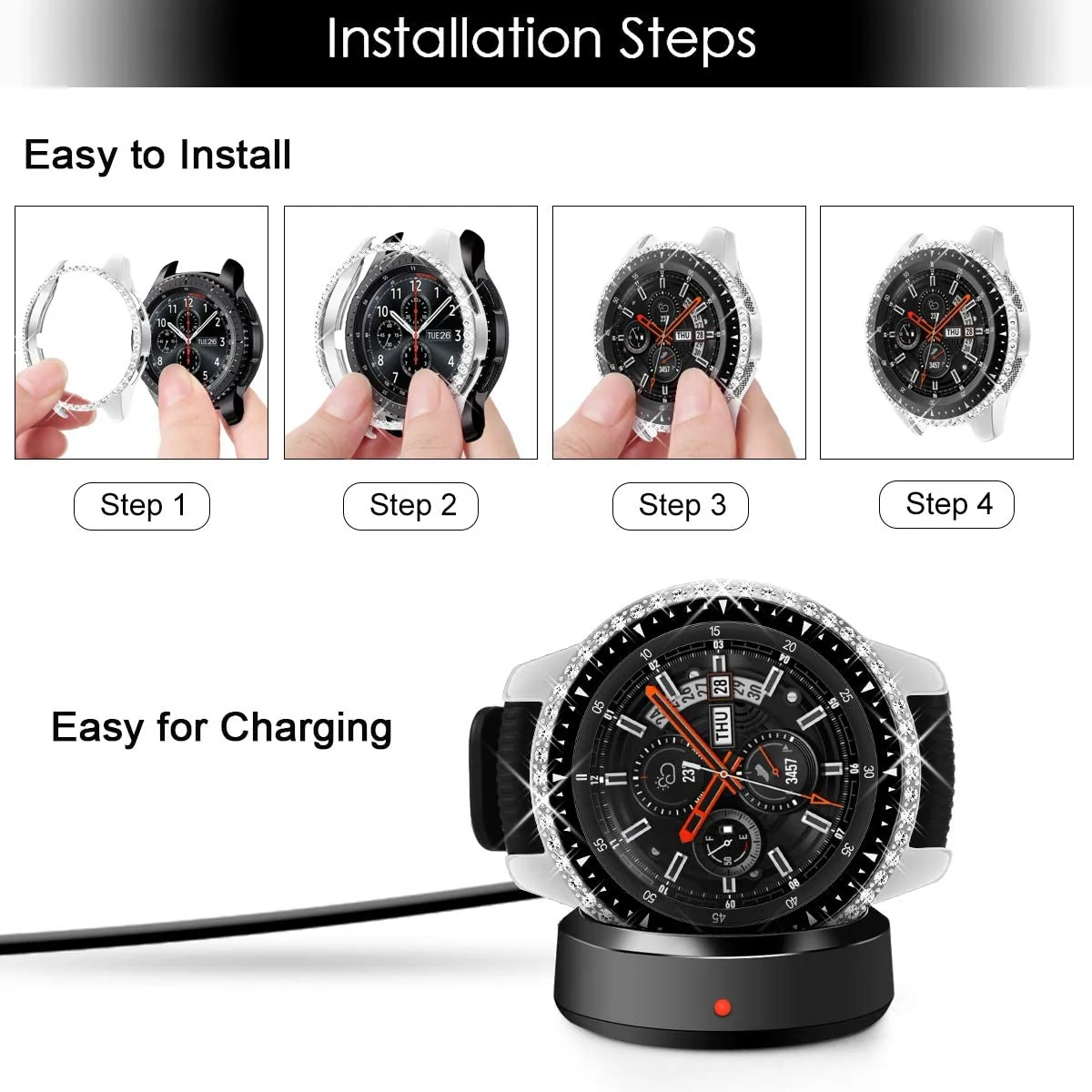 DL3 Mobilak Bumper Diamond Case Compatible with Samsung Galaxy Watch 46mm, Gear S3 Frontier Case (NOT fit for -R770), Bling Crystal Diamonds PC Plastic Protector Case Cover Frame - Silver