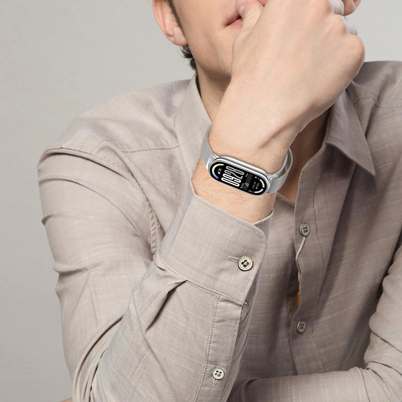 DL3 Mobilak Bracelet Compatible with Xiaomi Mi Band 10/9/8, Stainless Steel Replacement Straps, Mesh Metal Watch Strap, Magnetic Adjustable Replacement Strap For Xiaomi Smart Band 8/9/10 - Silver
