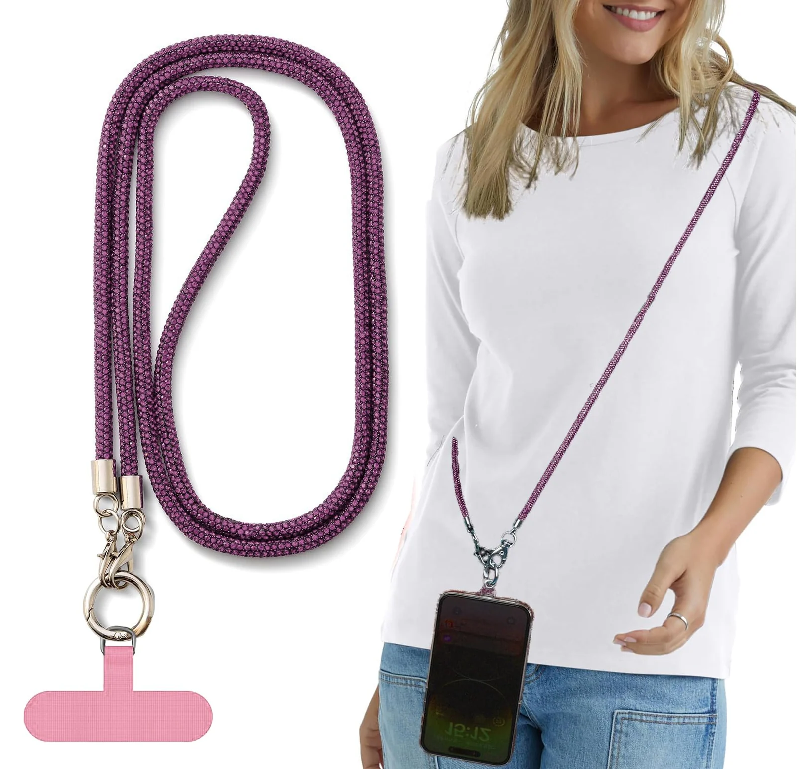 DL3 Mobilak Phone Crossbody Lanyard, Crystal Phone Lanyard with Full Rhinestone Bling Glitter, Bling Phone Strap for Most Phone, iPad, Handbag, Wallet, Phone Neck Holder for Women - Purple