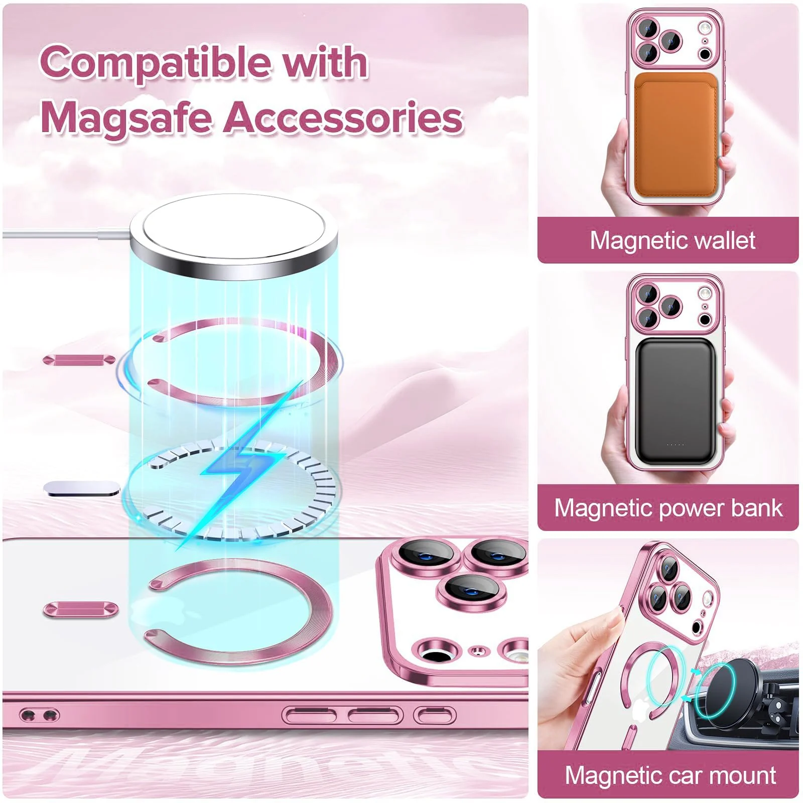 DL3 Mobilak Clear MagSafe-Compatible Magnetic Case for iPhone 17 Pro Max with Camera Protection and Magnetic Car-Mount Support - Pink