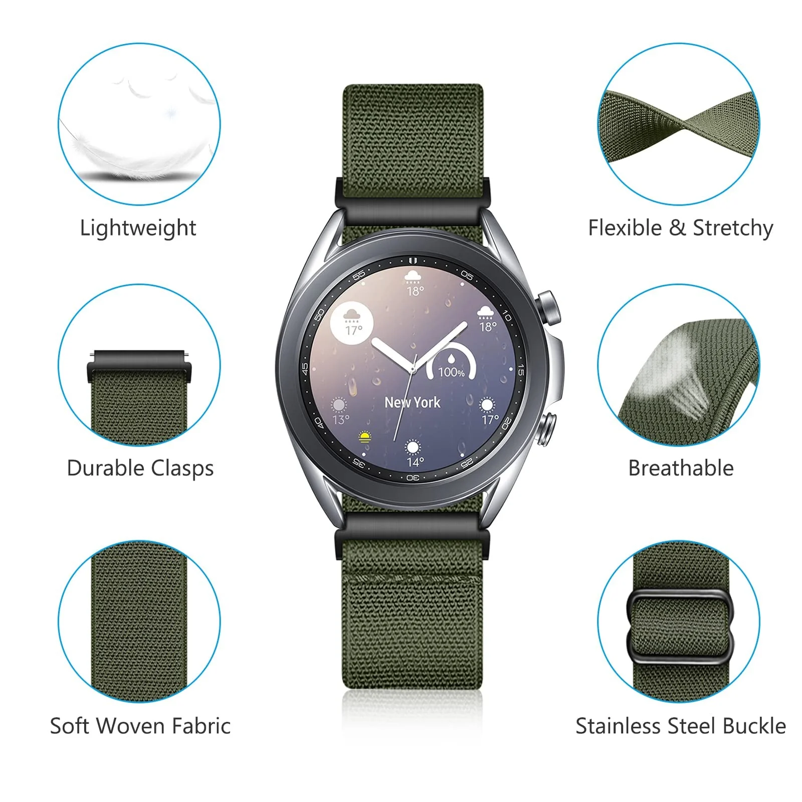 DL3 Mobilak Strap Nylon Loop 20MM Band For Samsung Galaxy Watch 7/6/5/4 40mm 44mm/Watch 5 Pro 45mm/S2 classic/active 2 40mm 44mm/Amazfi GTS 2/2e/3/3 Pro/4/GTS 2 Mini/3 Mini/4 Mini/Bip 3 - Black