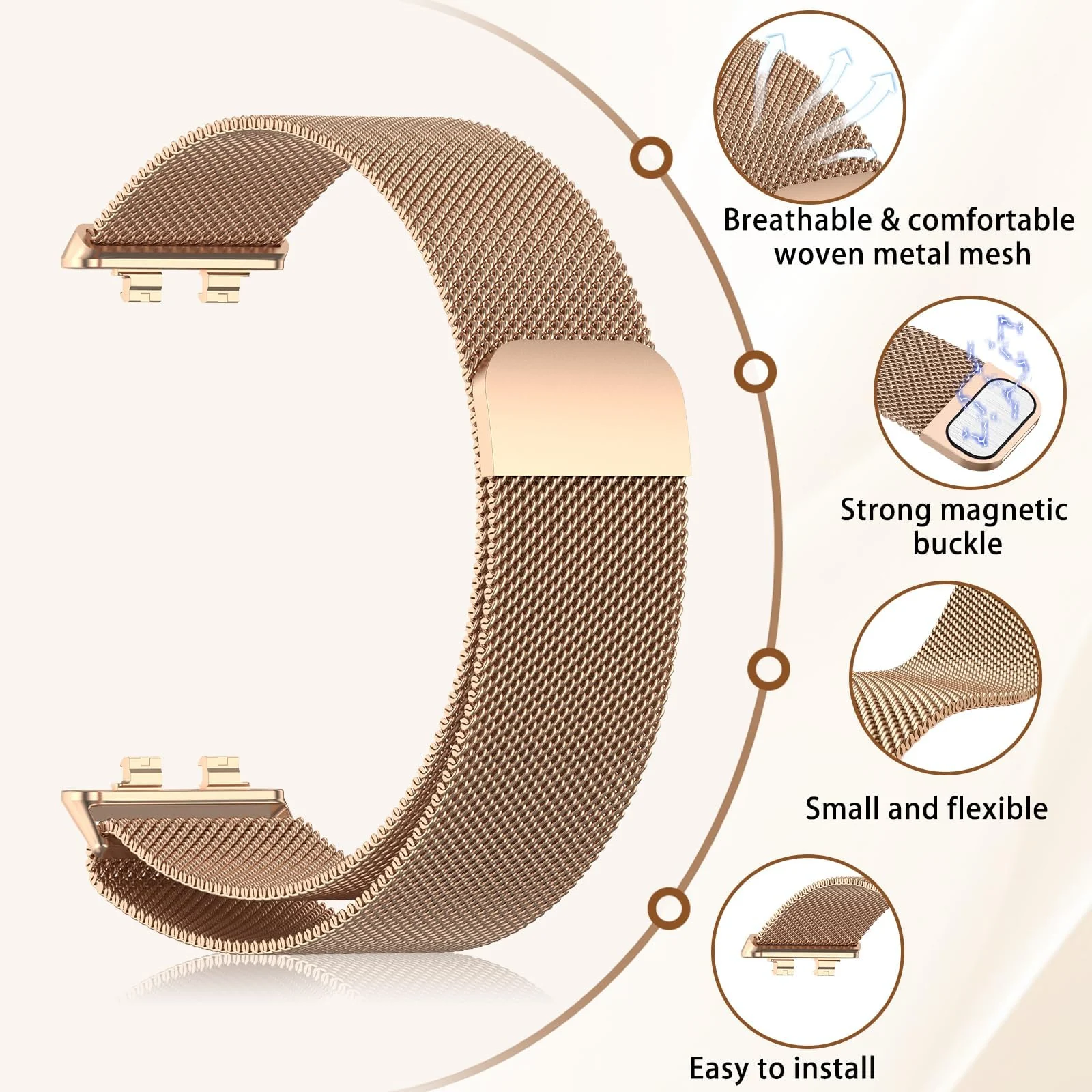 MOBIGON Magnetic Stainless Steel Watch Strap for Huawei Band 11 / 11 Pro, Rose Gold