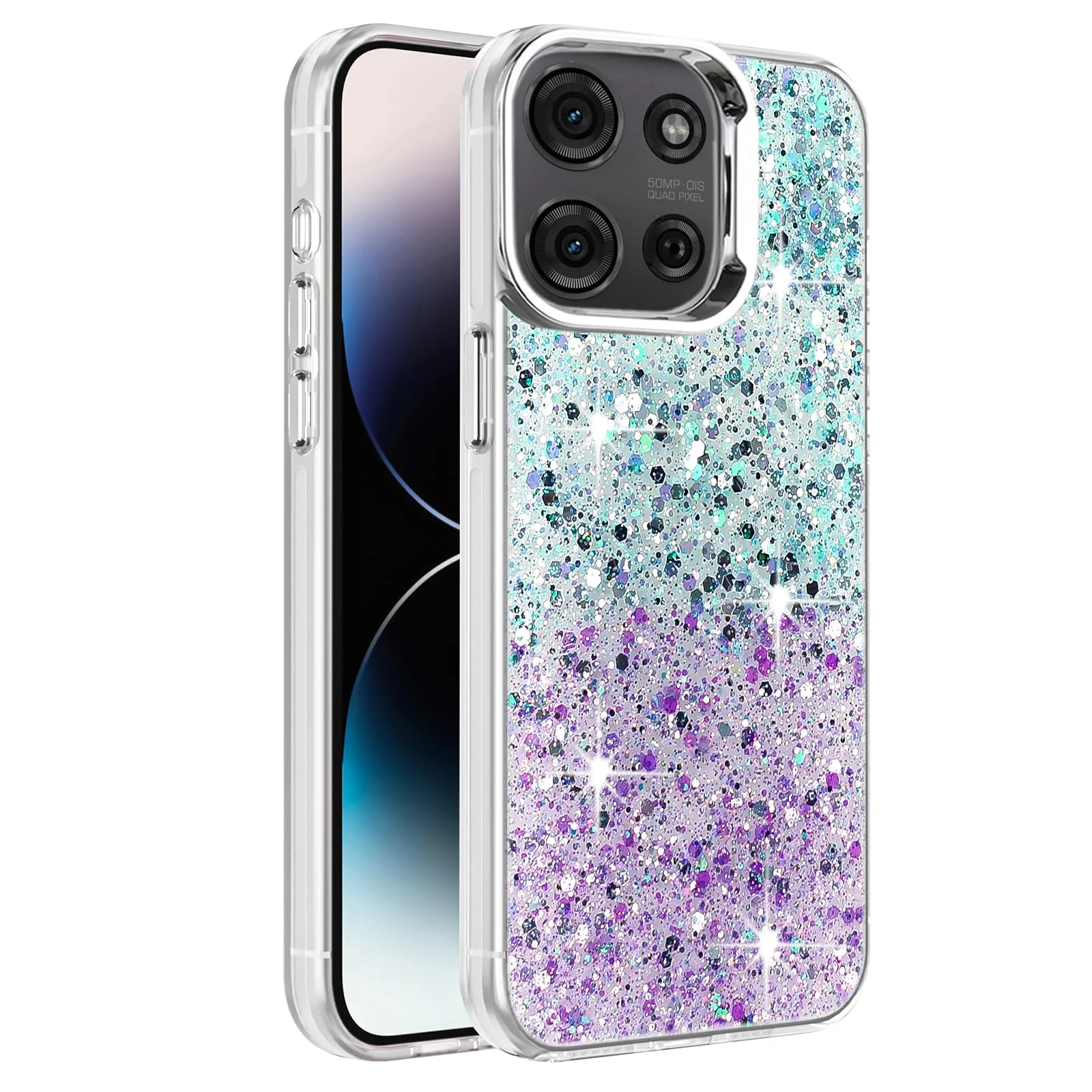 DL3 Mobilak Glitter Protective Case for Motorola Moto G75 5G, Supports wireless charging, Camera protection, Shock-absorbing protection - Green Purple