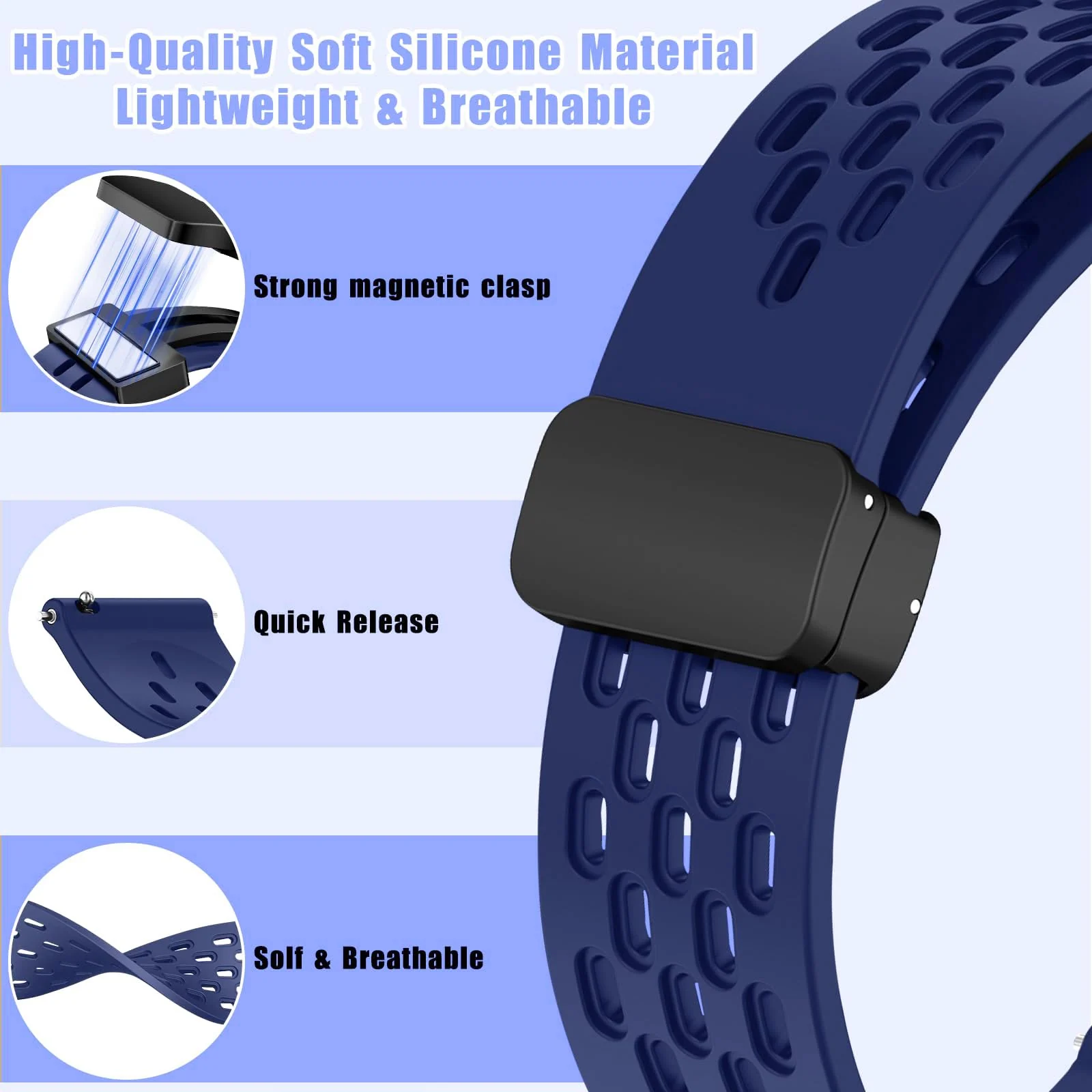 DL3 Mobilak 18mm Silicone Strap For Huawei Watch GT 6 41mm/GT 5 Pro 42 mm/GT 5 41mm/GT4 41 mm/Watch 5 42mm Magnetic Metal Buckle Sport Silicone Breathable Strap, Band Soft Replacment Wristband - Midnight Blue
