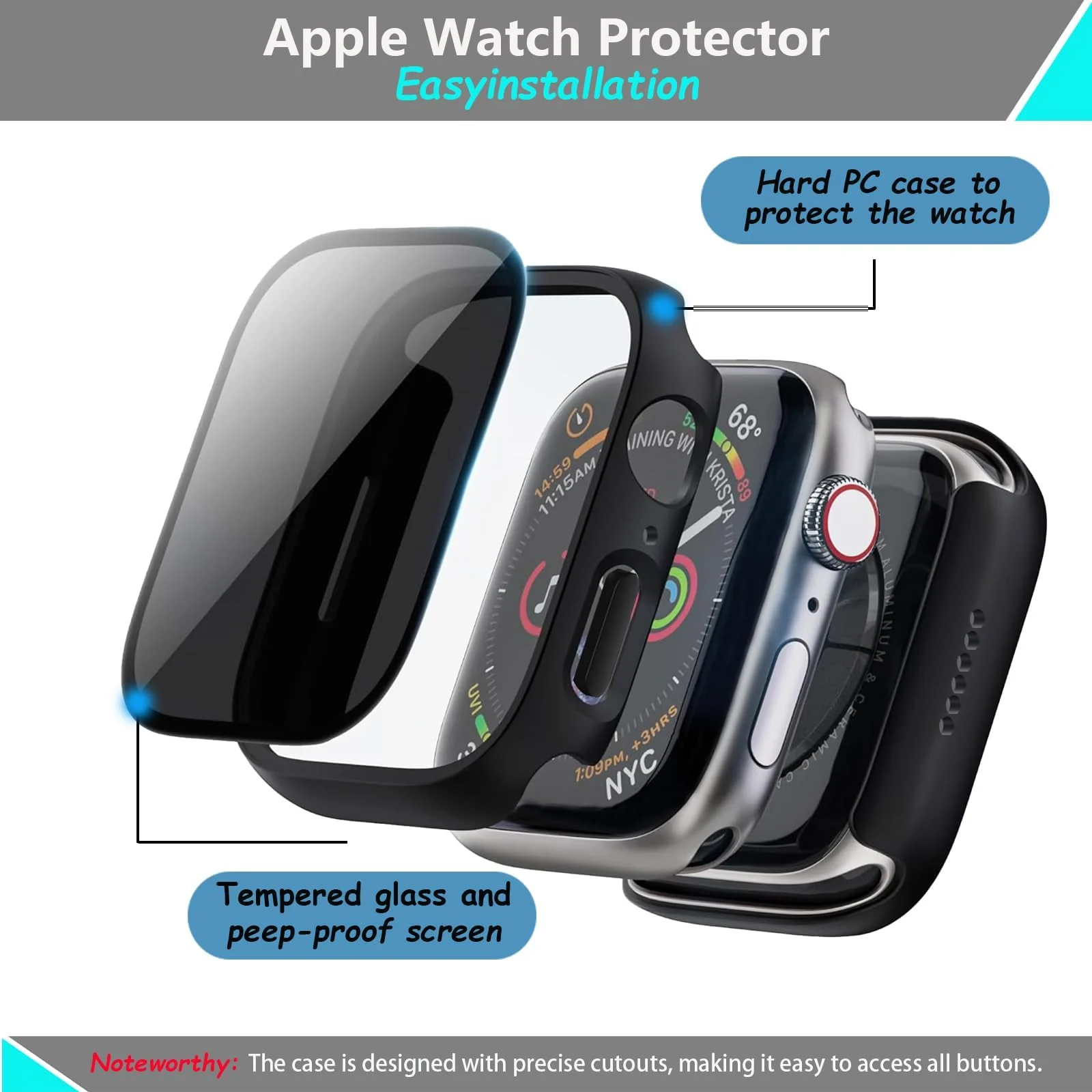 DL3 Mobilak Privacy Case for Apple Watch Series SE/ 4/5/6 44mm Screen Protector, Anti-Spy Tempered Glass Film Apple Watch Cover Hard PC Case Bumper for iWatch 44 mm Series 6/5/4/SE/SE2 - Black